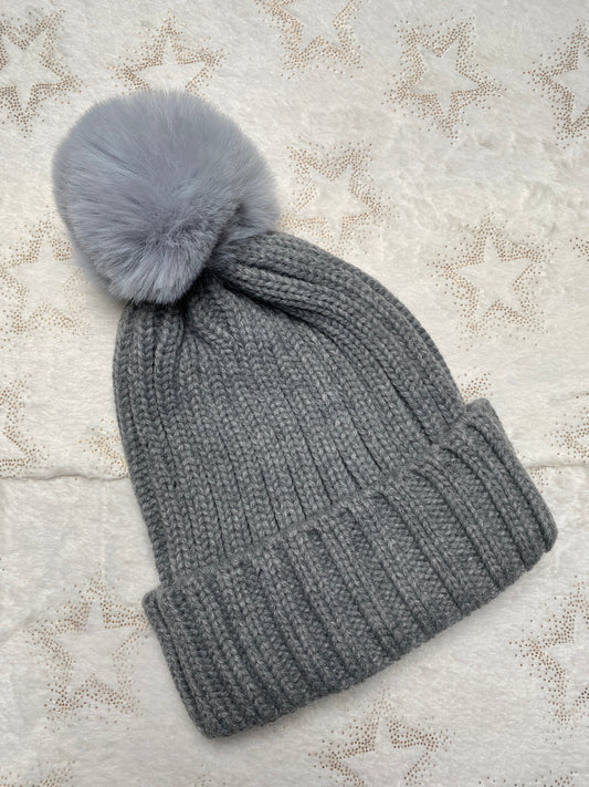 # 27 Grey Ribbed Hat with Pom Pom
