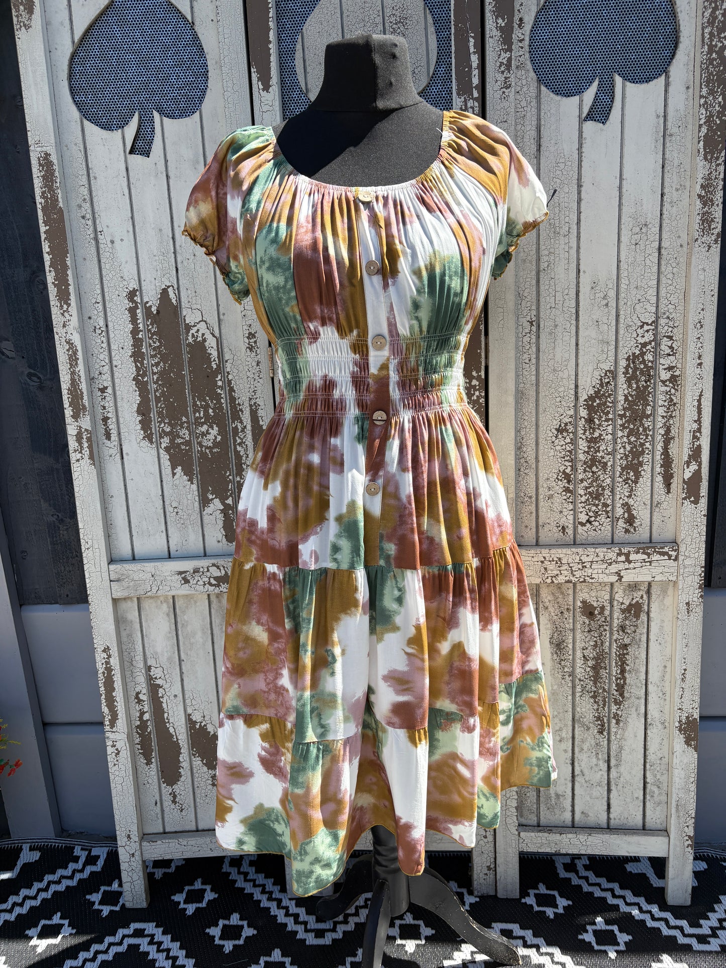 Ladies Summer Bardot Midi Dress – Abstract Print (One Size 10-20) – Earthy Tones