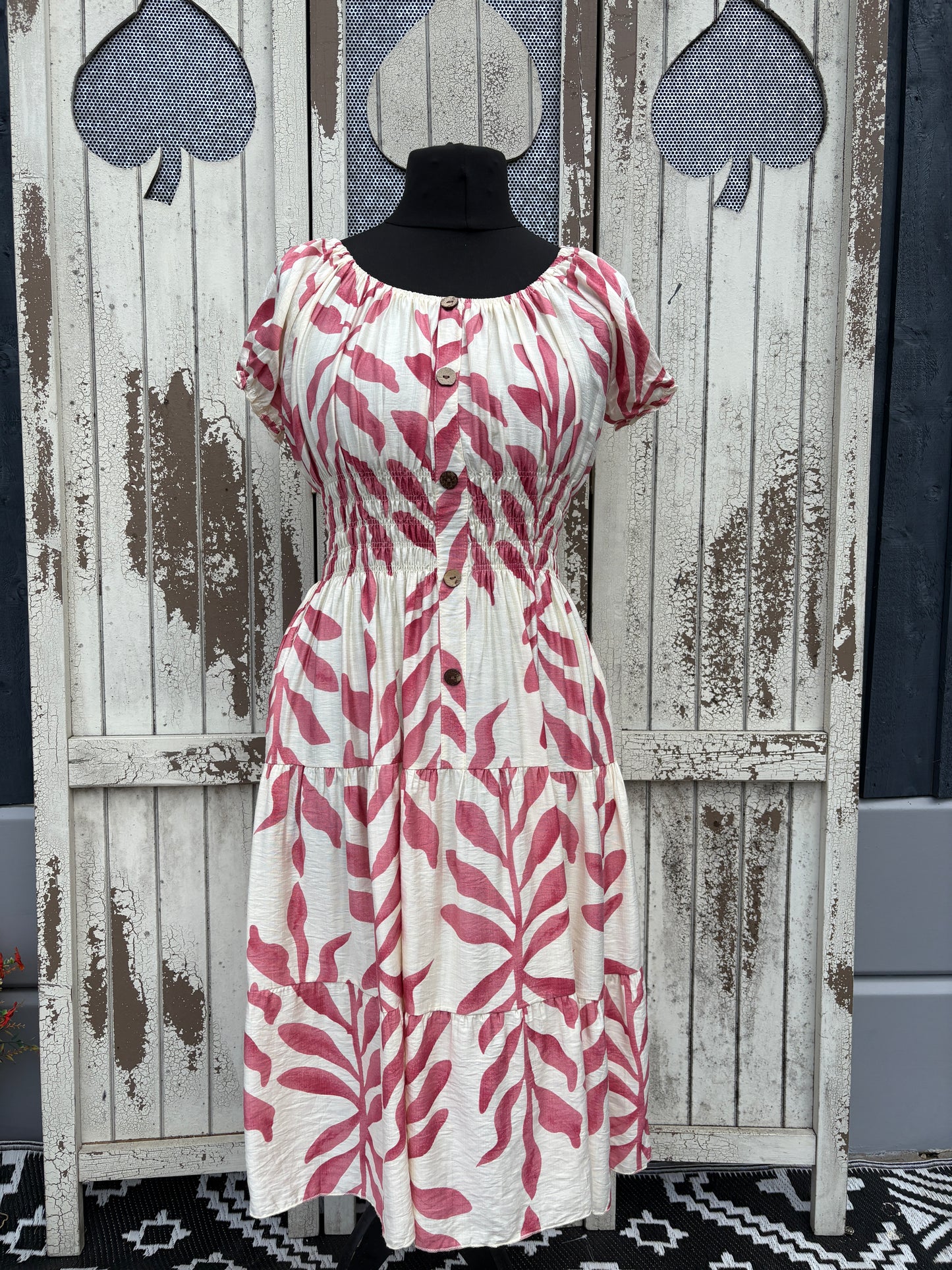 Ladies Summer Bardot Midi Dress – Abstract Print – Pink
