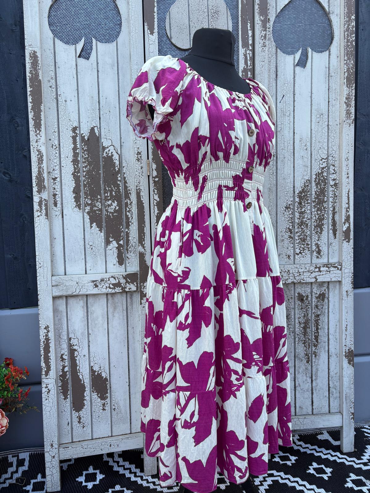 Ladies Summer Bardot Midi Dress – Bold Abstract Print – Magenta