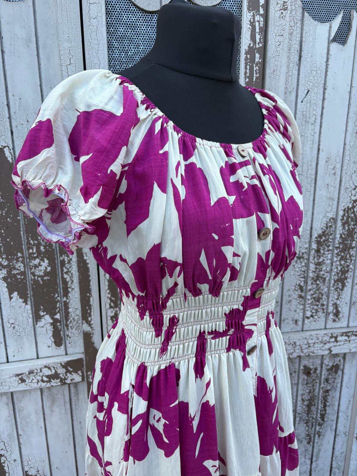 Ladies Summer Bardot Midi Dress – Bold Abstract Print – Magenta
