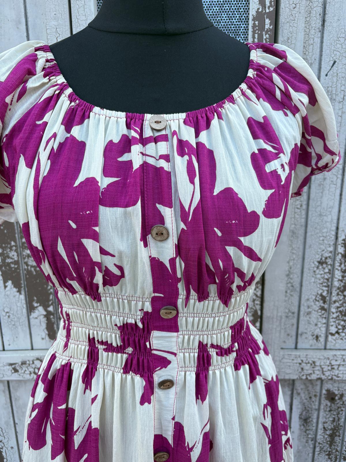 Ladies Summer Bardot Midi Dress – Bold Abstract Print – Magenta