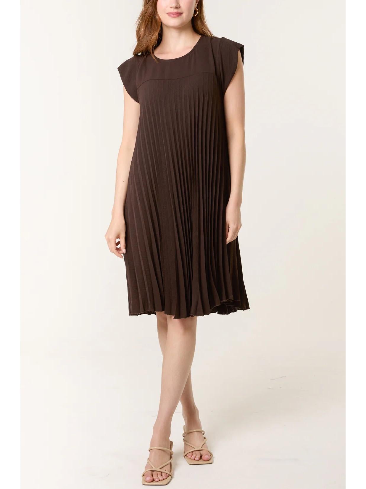 Made in Italy Cap Sleeve Pleated Mini Dress/Tunic - Chocolate