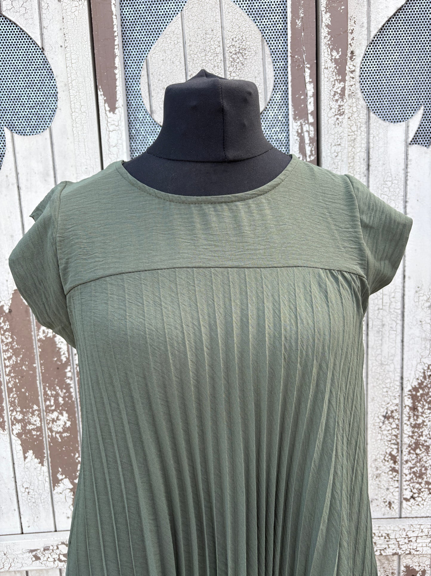 Made in Italy Cap Sleeve Pleated Mini Dress/Tunic - Khaki