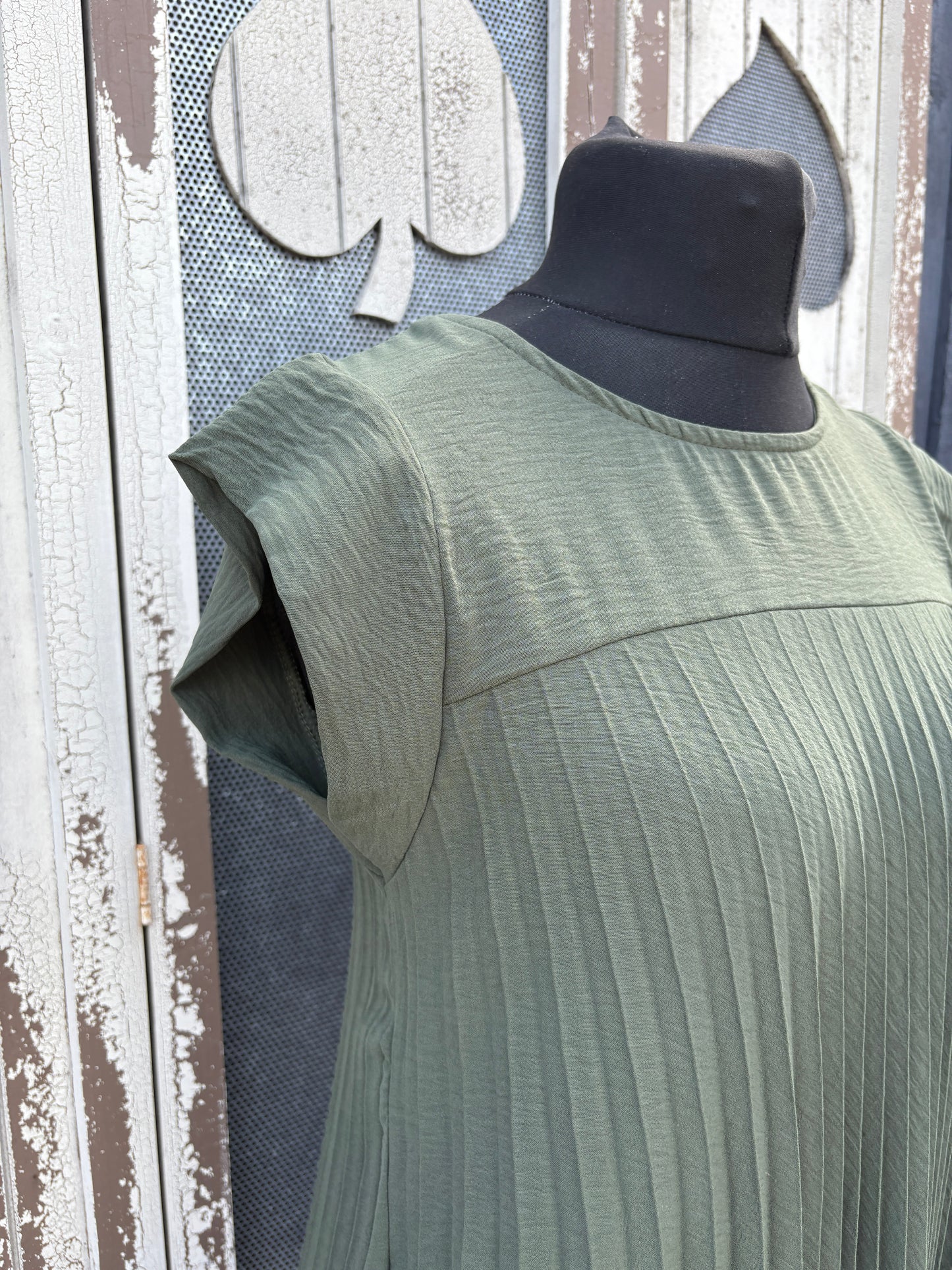 Made in Italy Cap Sleeve Pleated Mini Dress/Tunic - Khaki