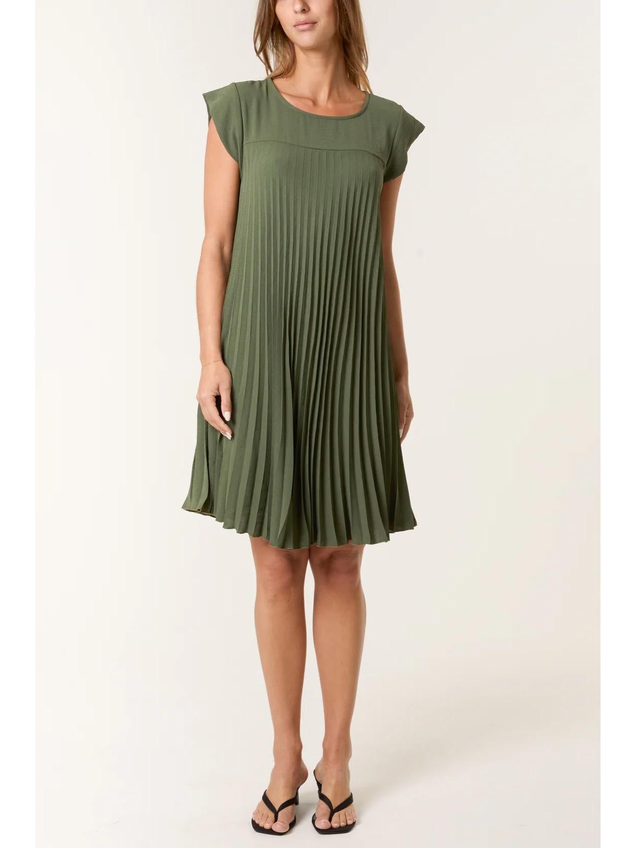 Made in Italy Cap Sleeve Pleated Mini Dress/Tunic - Khaki
