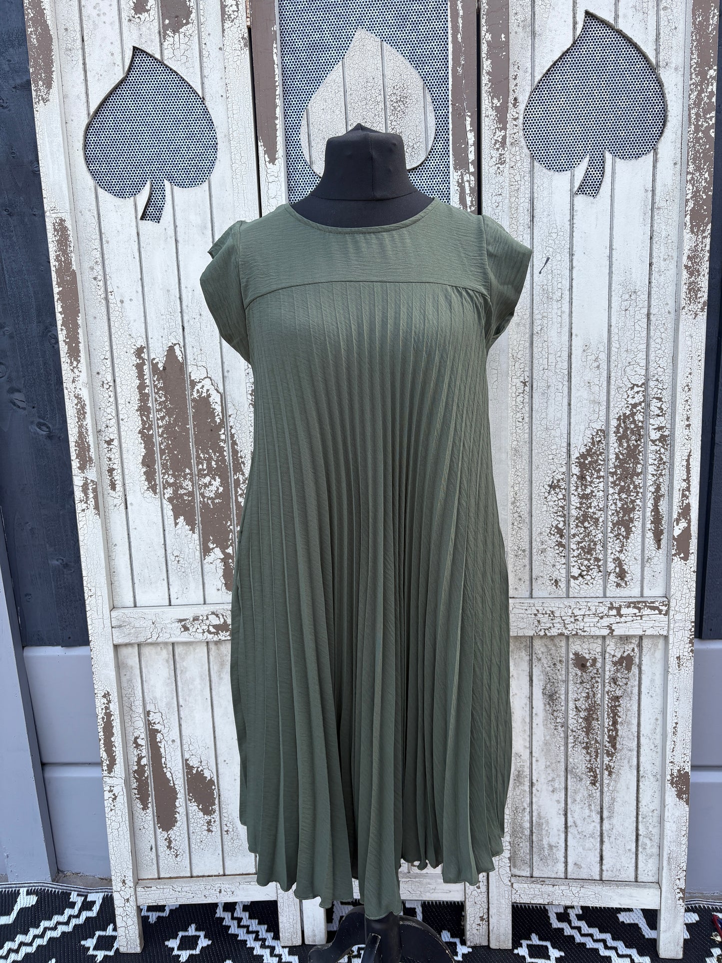 Made in Italy Cap Sleeve Pleated Mini Dress/Tunic - Khaki