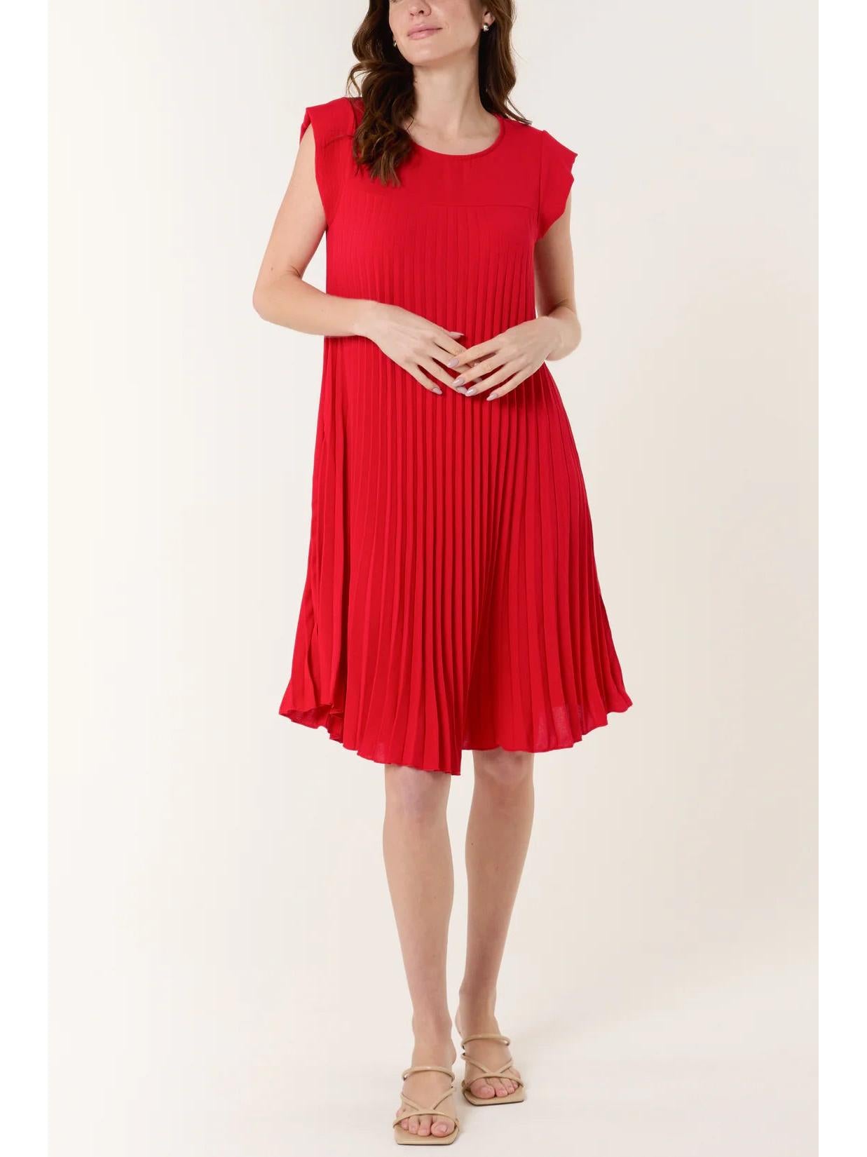 Made in Italy Cap Sleeve Pleated Mini Dress/Tunic - Red