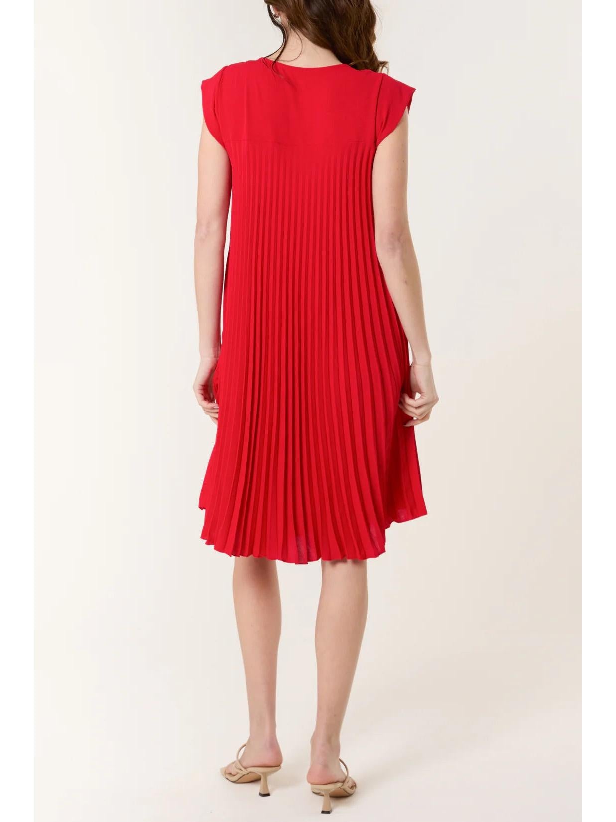 Made in Italy Cap Sleeve Pleated Mini Dress/Tunic - Red
