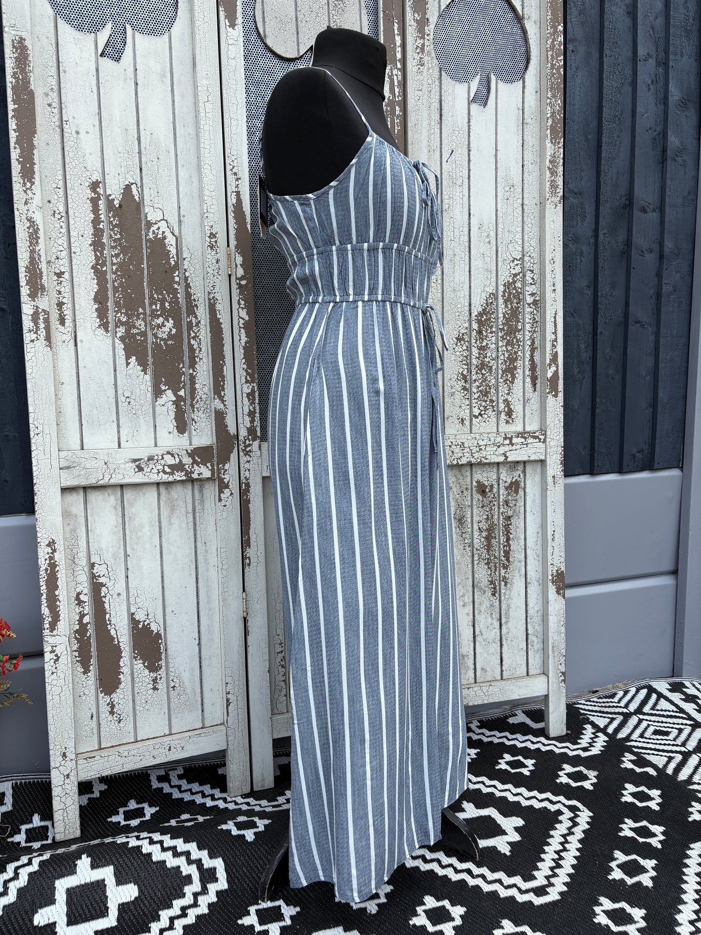 Striped Tie Waist Maxi Dress Various Sizes - Denim