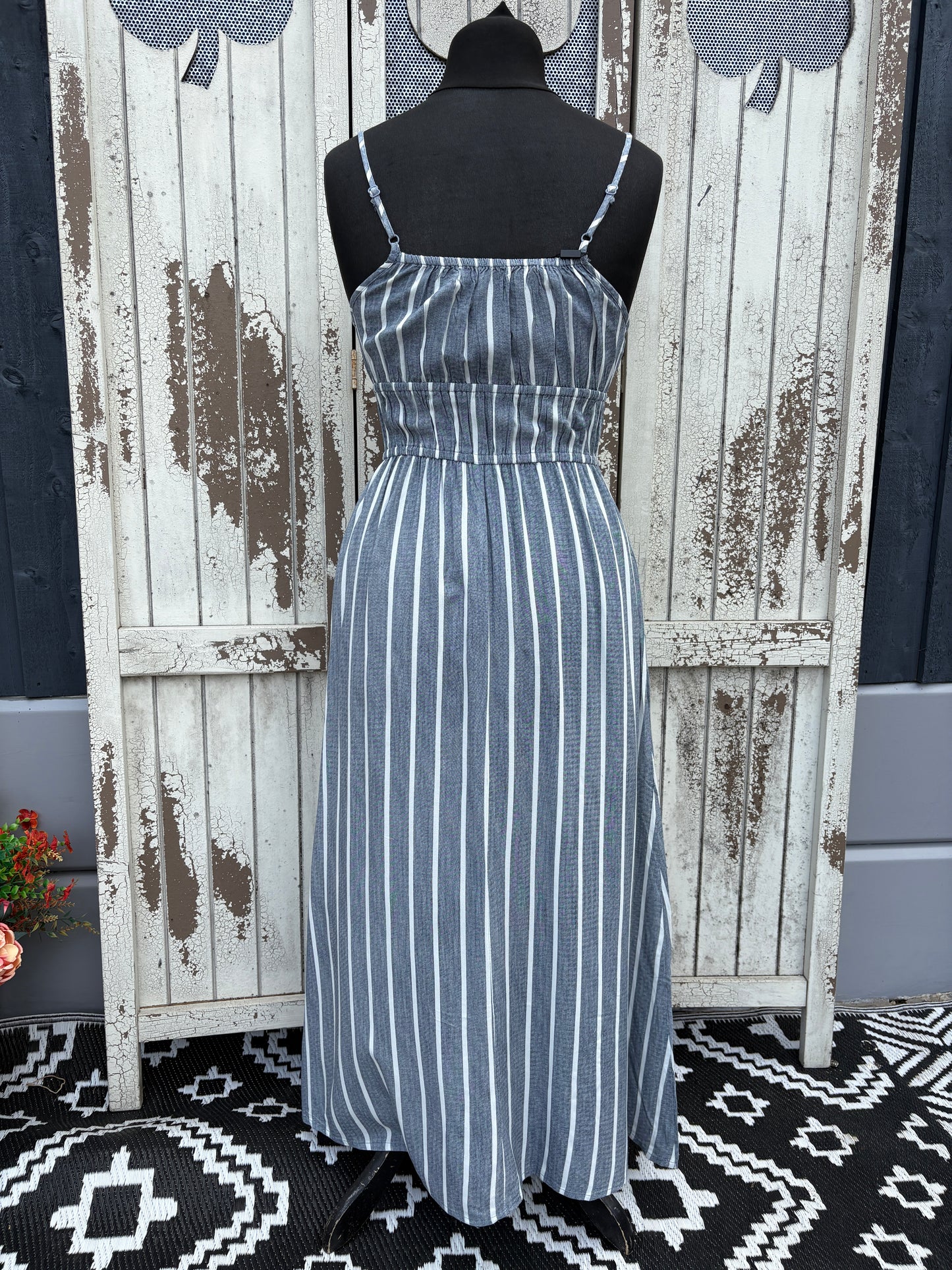 Striped Tie Waist Maxi Dress Various Sizes - Denim