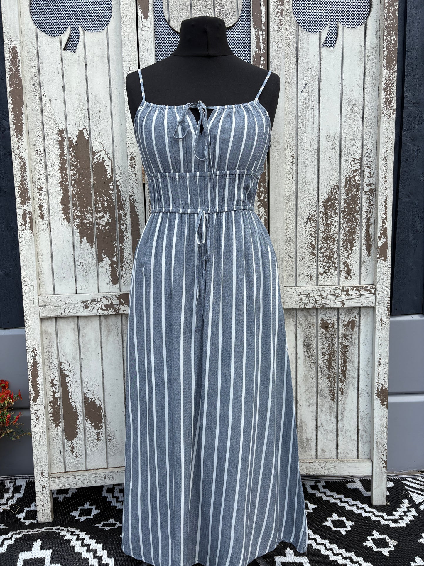 Striped Tie Waist Maxi Dress Various Sizes - Denim