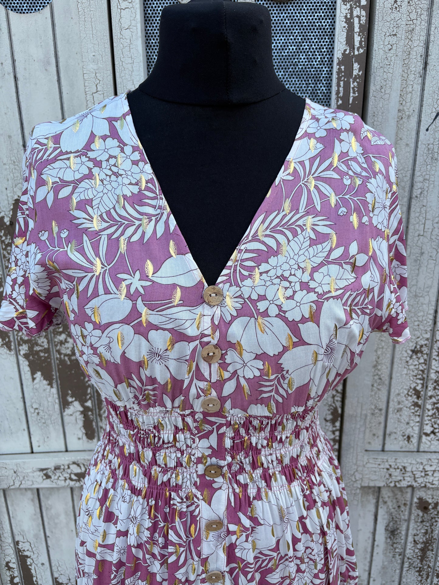 Angel Sleeve Summer Maxi Dress – Pink/Floral with Gold Fleck