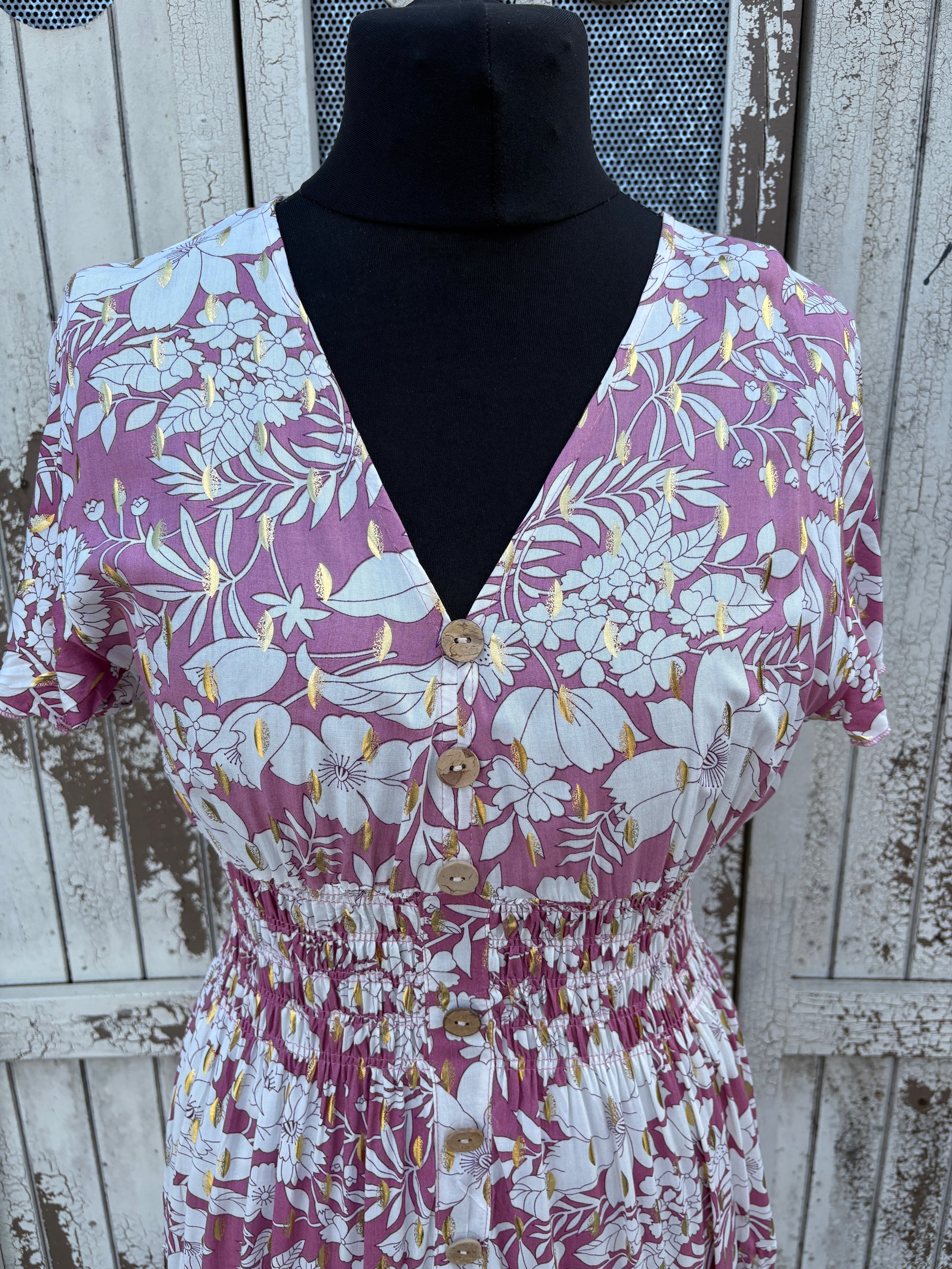 Angel Sleeve Summer Maxi Dress – Pink/Floral with Gold Fleck