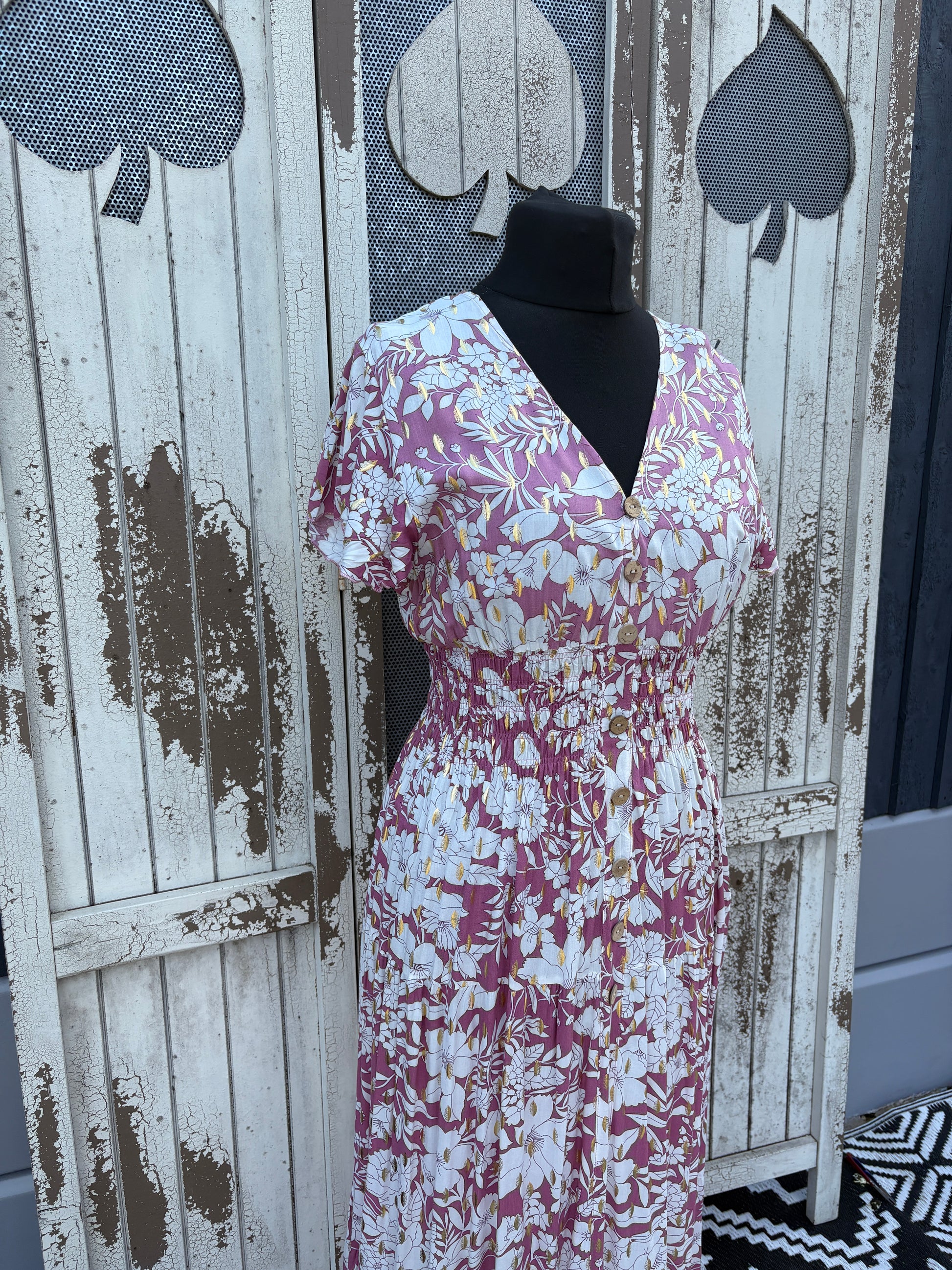 Angel Sleeve Summer Maxi Dress – Pink/Floral with Gold Fleck