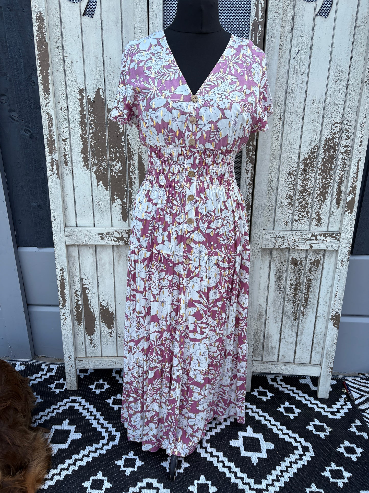 Angel Sleeve Summer Maxi Dress – Pink/Floral with Gold Fleck
