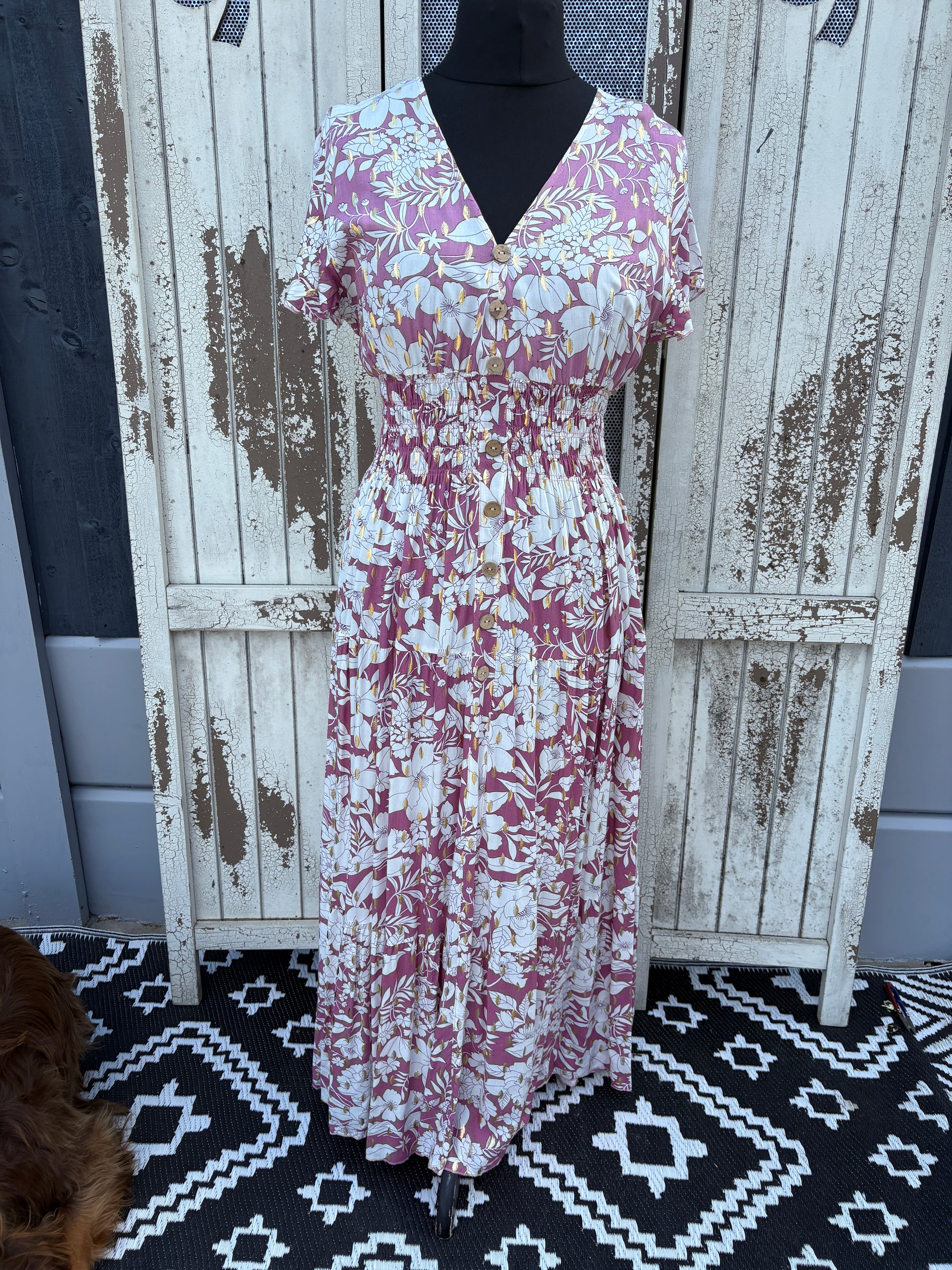 Angel Sleeve Summer Maxi Dress – Pink/Floral with Gold Fleck