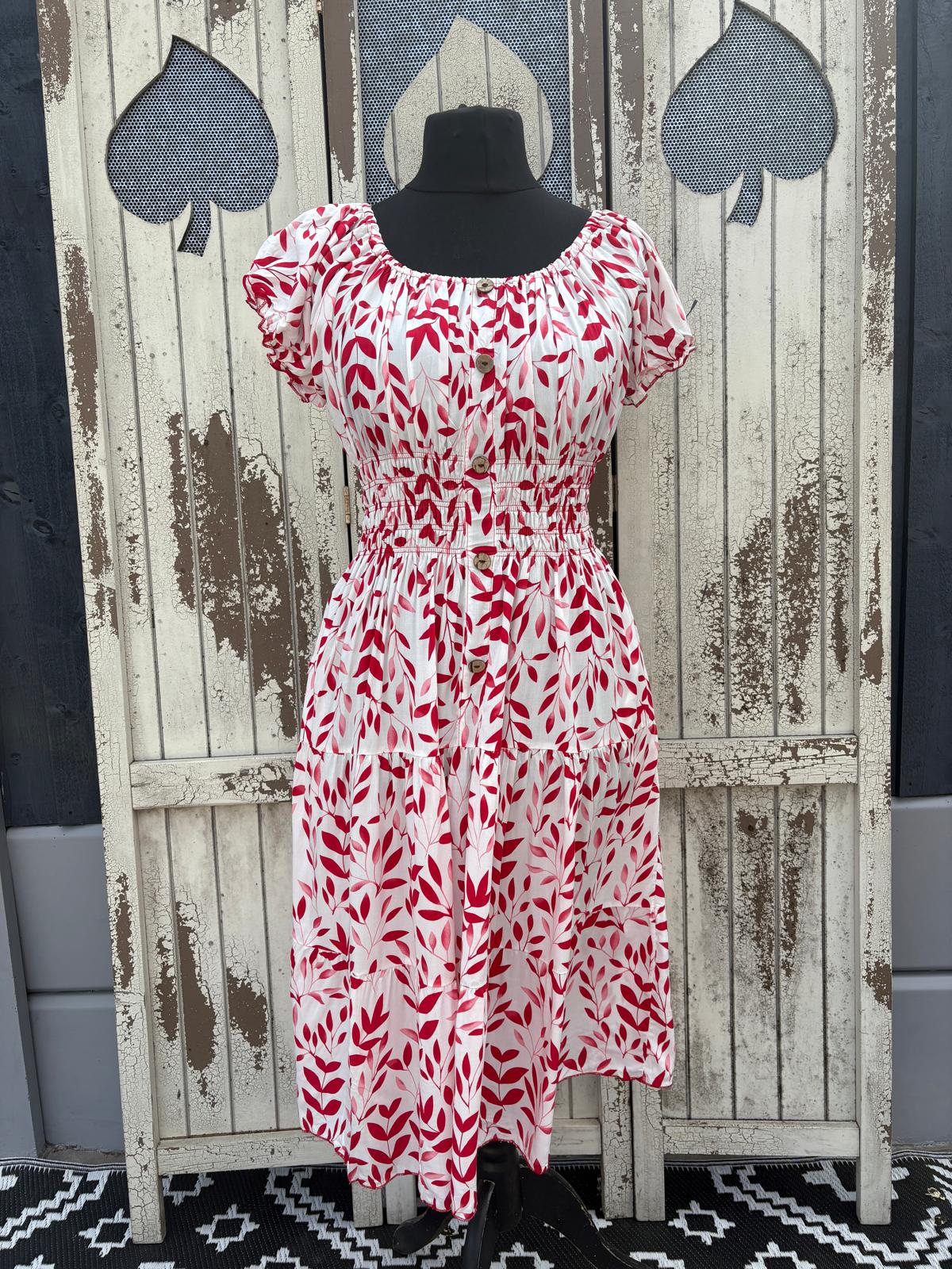 Coloured Petal Print Button Front Midi Dress One Size 10-20 - Red