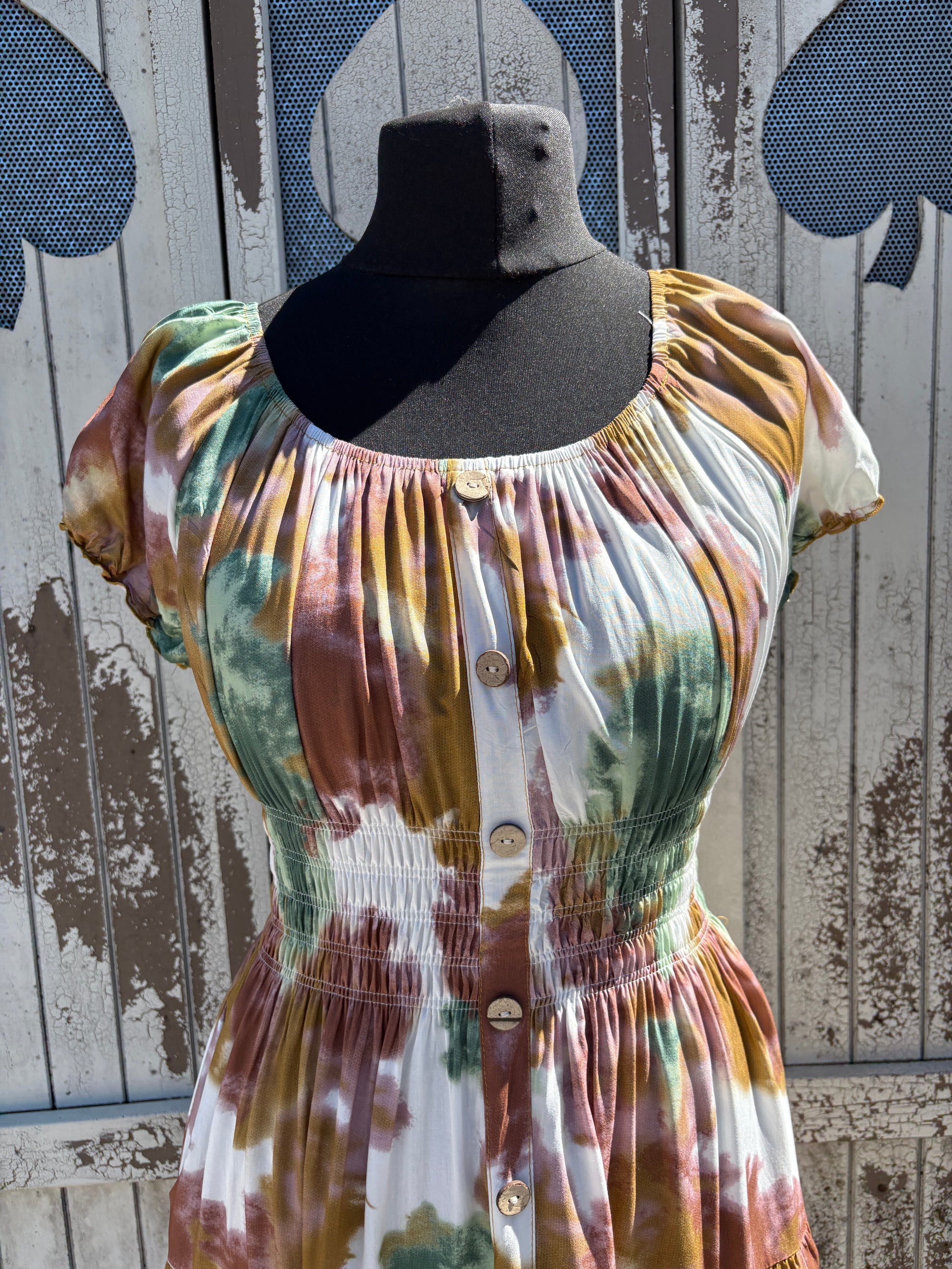 Ladies Summer Bardot Midi Dress – Abstract Print (One Size 10-20) – Earthy Tones