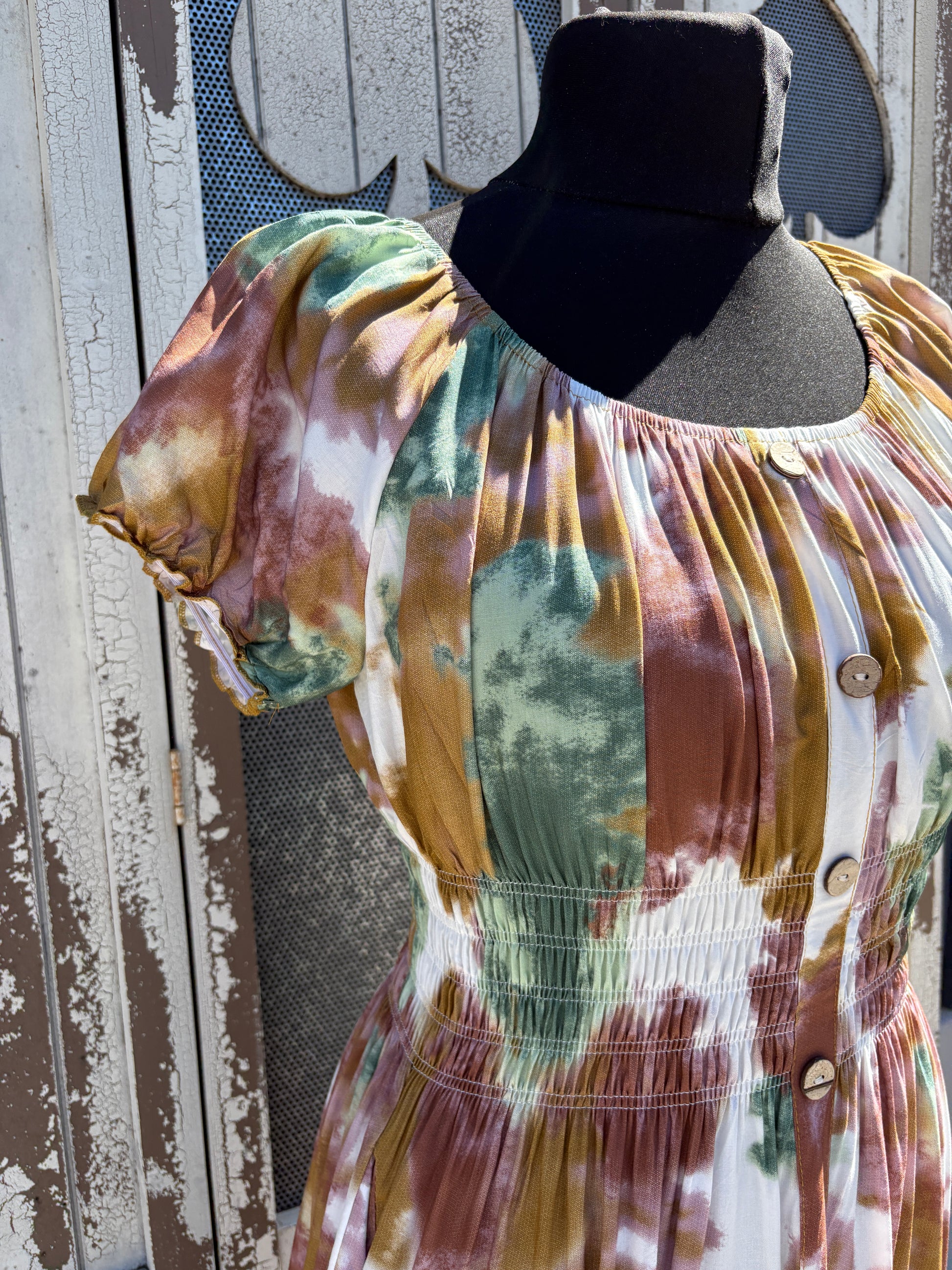 Ladies Summer Bardot Midi Dress – Abstract Print (One Size 10-20) – Earthy Tones