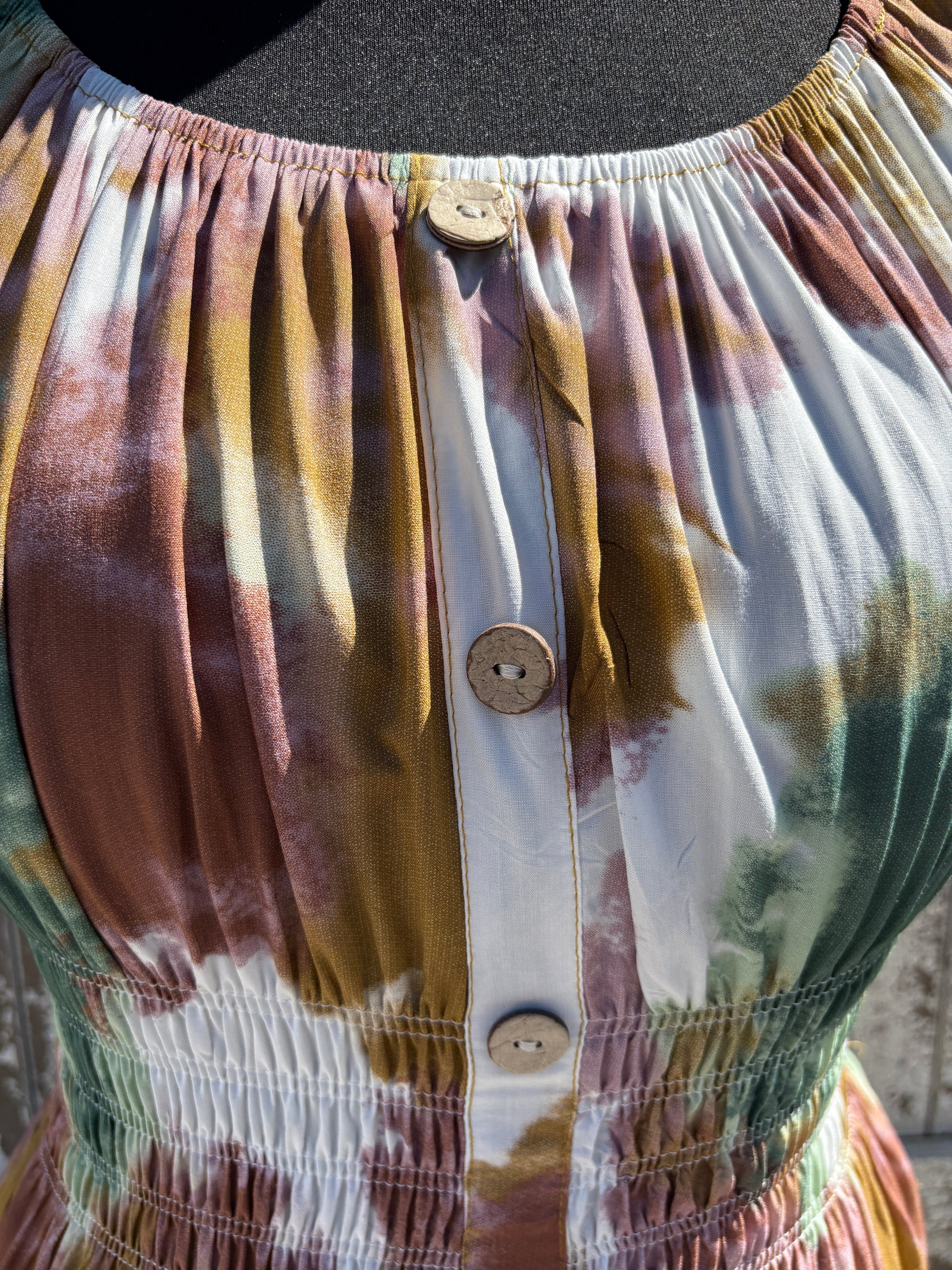 Ladies Summer Bardot Midi Dress – Abstract Print (One Size 10-20) – Earthy Tones