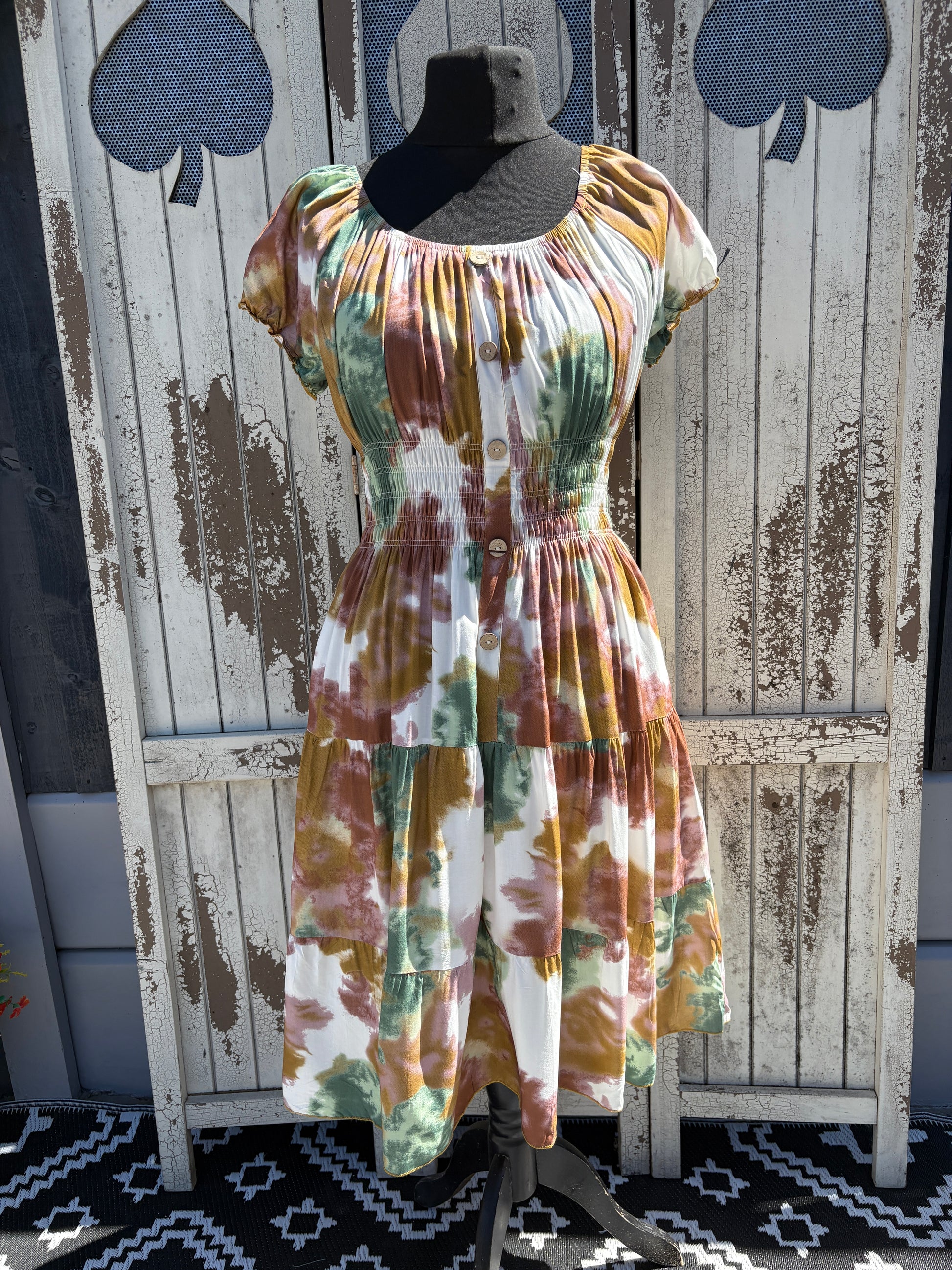 Ladies Summer Bardot Midi Dress – Abstract Print (One Size 10-20) – Earthy Tones