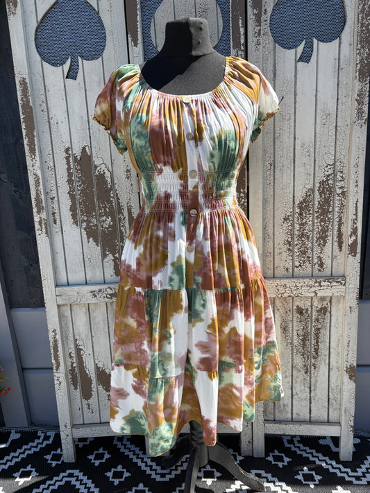Ladies Summer Bardot Midi Dress – Abstract Print (One Size 10-20) – Earthy Tones