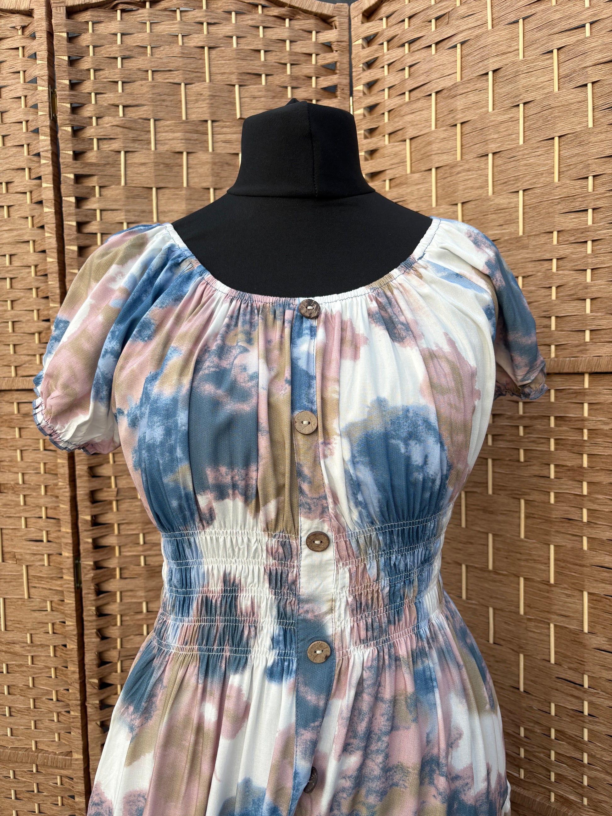 Ladies Summer Bardot Midi Dress – Abstract Print (One Size 10-20) – Pastel
