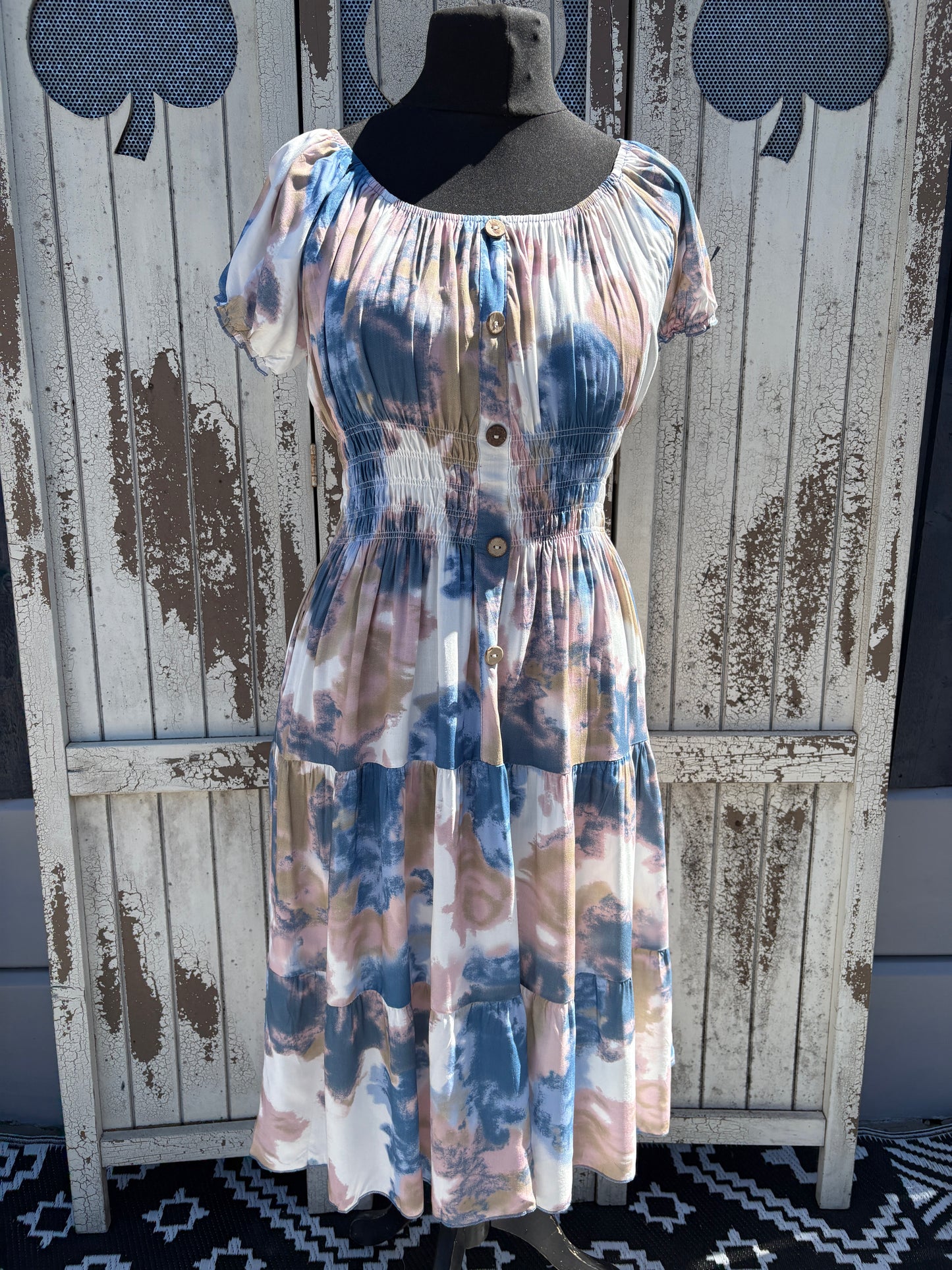 Ladies Summer Bardot Midi Dress – Abstract Print (One Size 10-20) – Pastel
