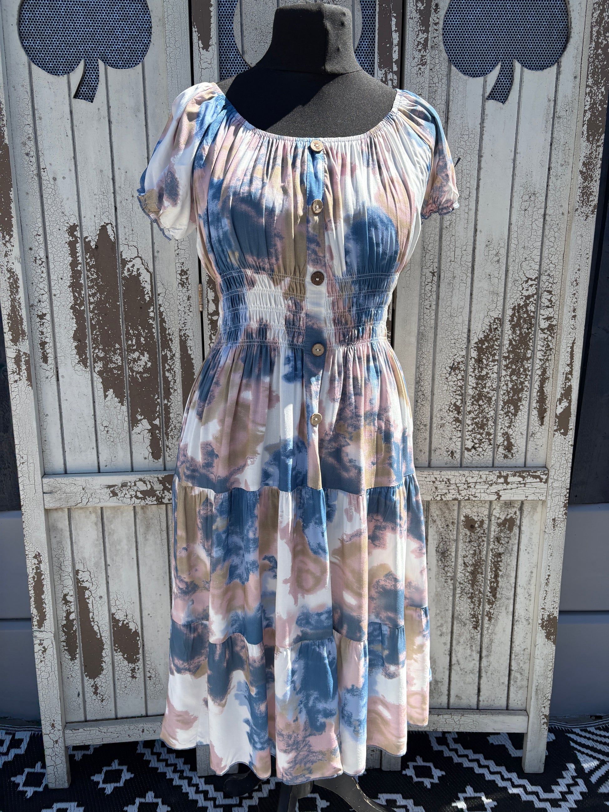 Ladies Summer Bardot Midi Dress – Abstract Print (One Size 10-20) – Pastel