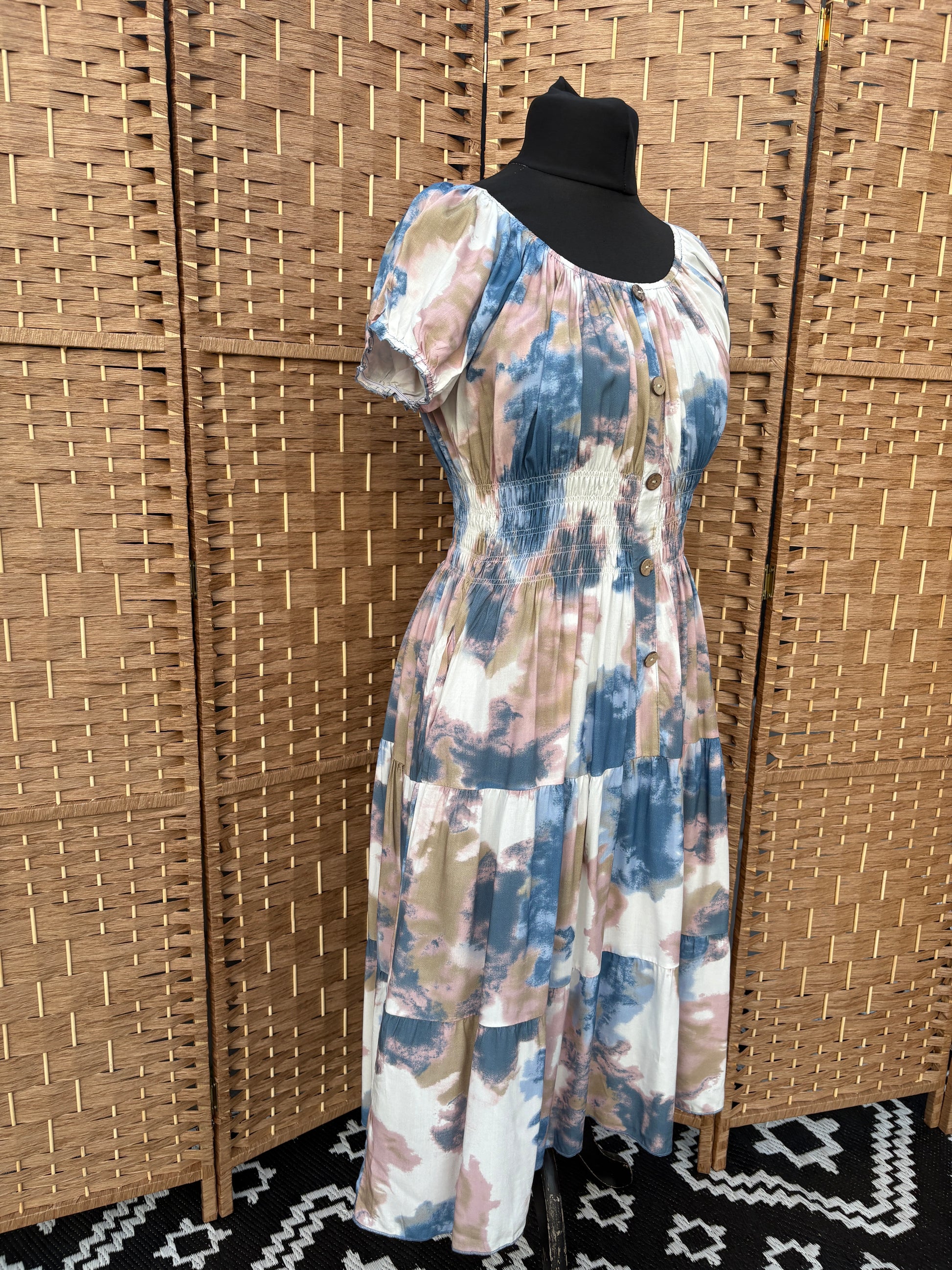 Ladies Summer Bardot Midi Dress – Abstract Print (One Size 10-20) – Pastel