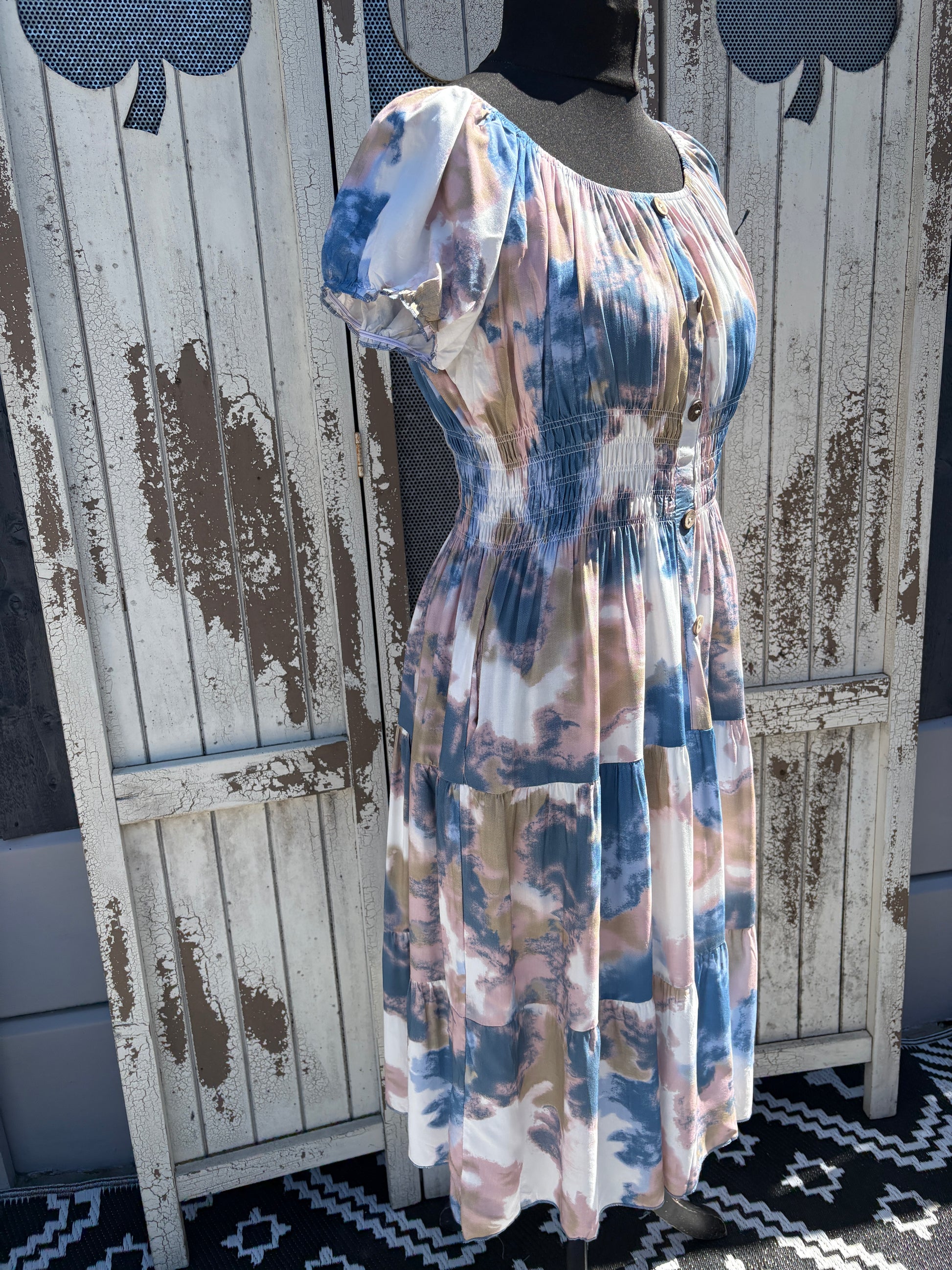 Ladies Summer Bardot Midi Dress – Abstract Print (One Size 10-20) – Pastel