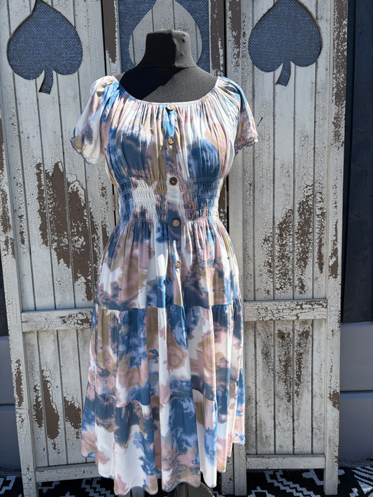 Ladies Summer Bardot Midi Dress – Abstract Print (One Size 10-20) – Pastel