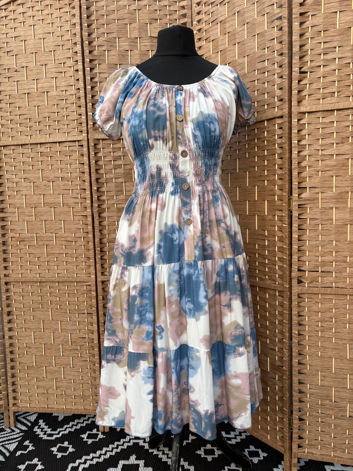 Ladies Summer Bardot Midi Dress – Abstract Print (One Size 10-20) – Pastel