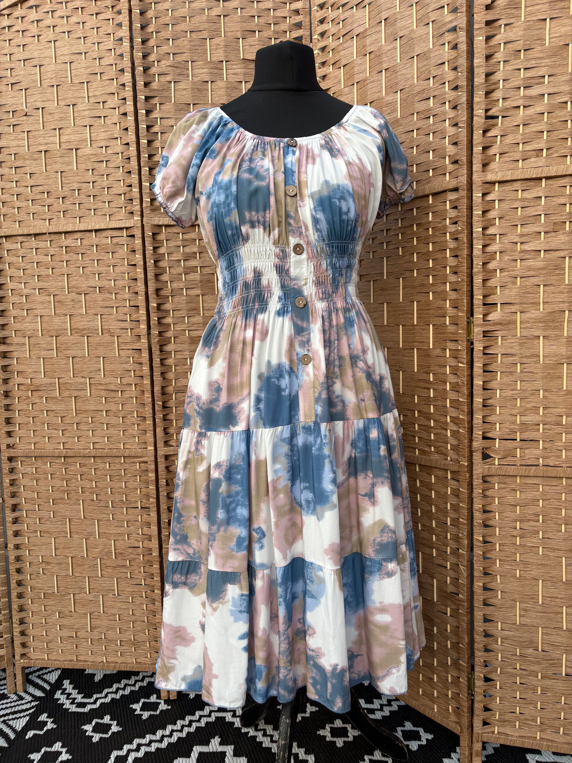 Ladies Summer Bardot Midi Dress – Abstract Print (One Size 10-20) – Pastel