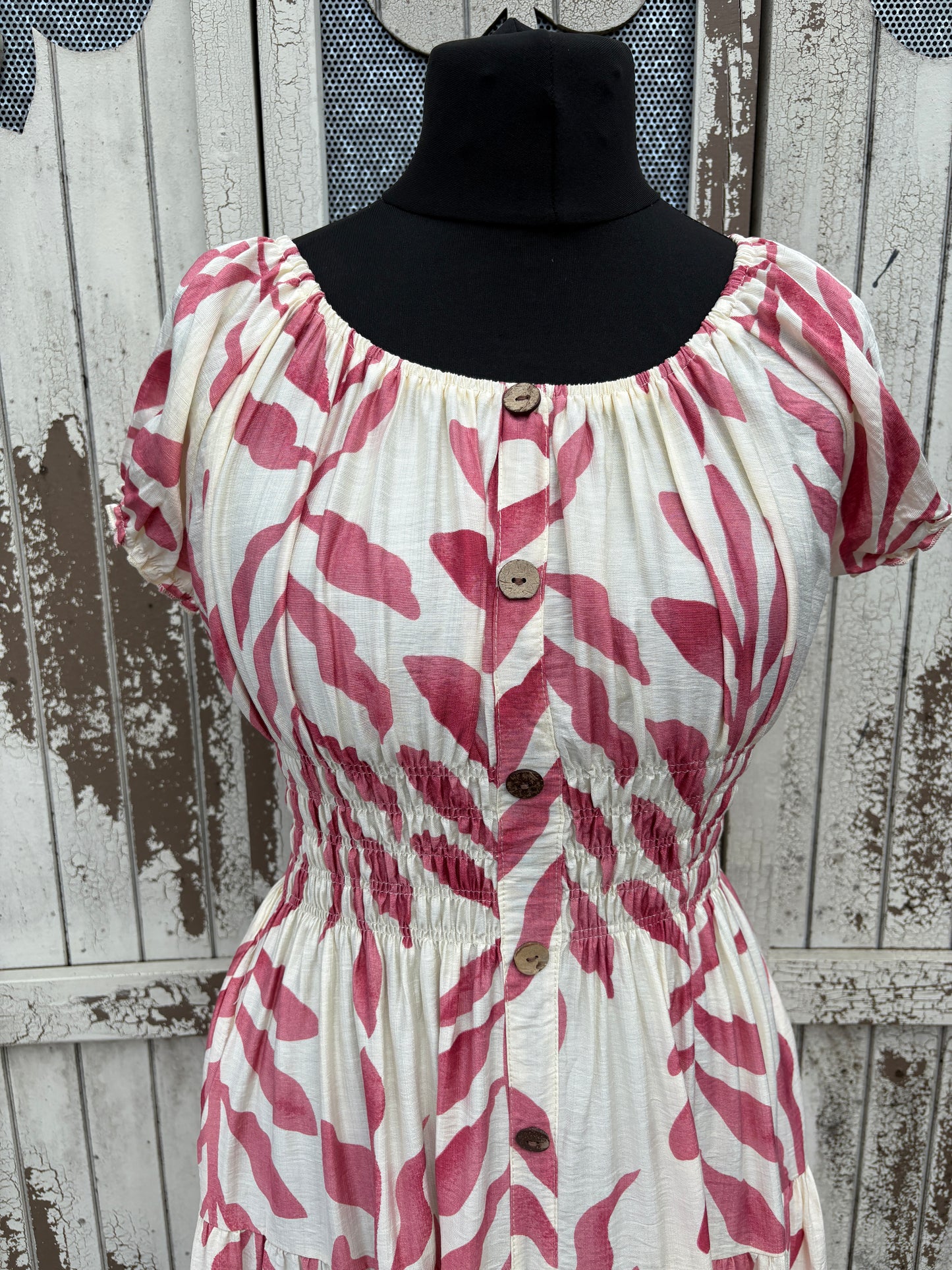 Ladies Summer Bardot Midi Dress – Abstract Print – Pink