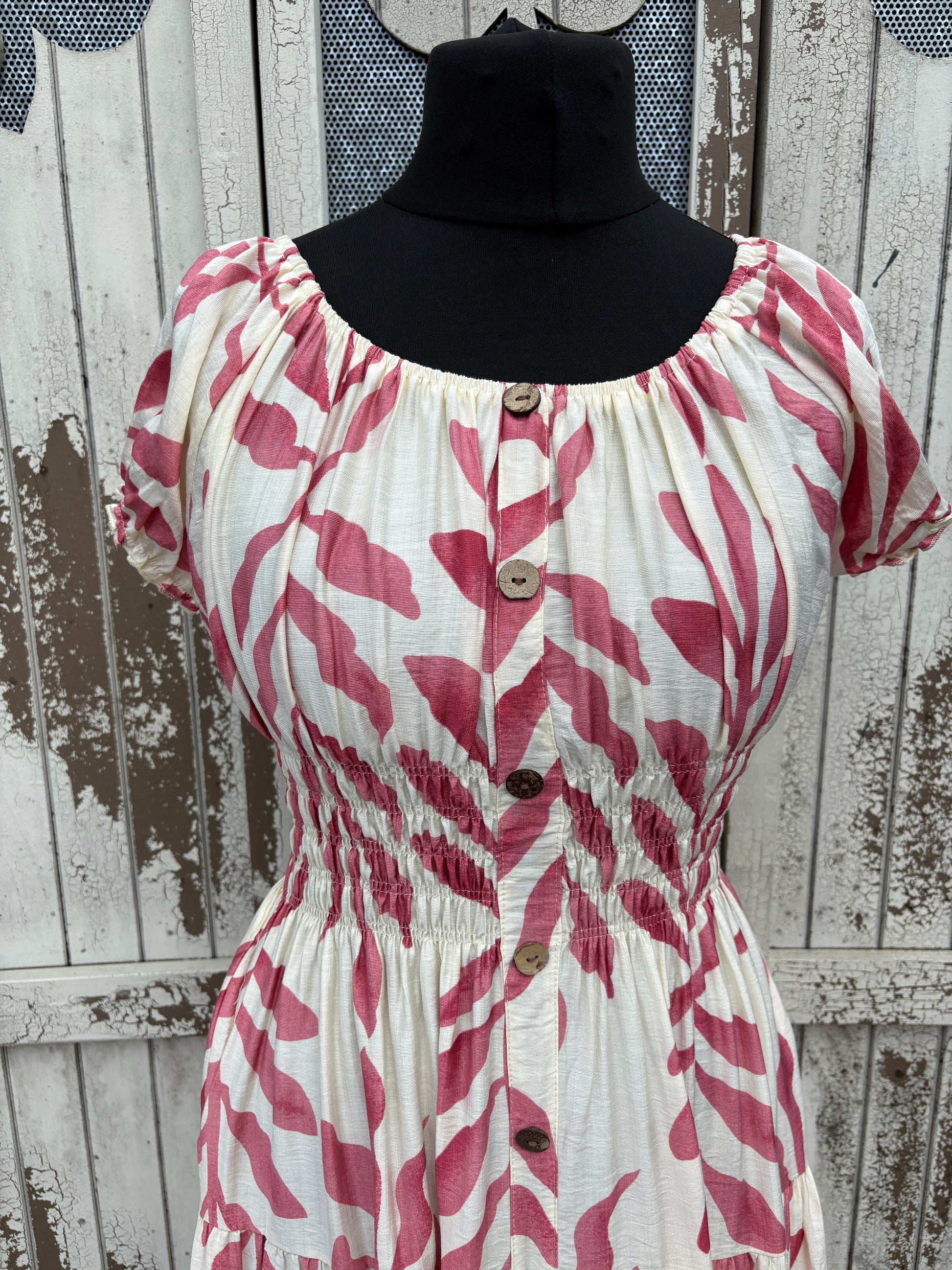 Ladies Summer Bardot Midi Dress – Abstract Print – Pink