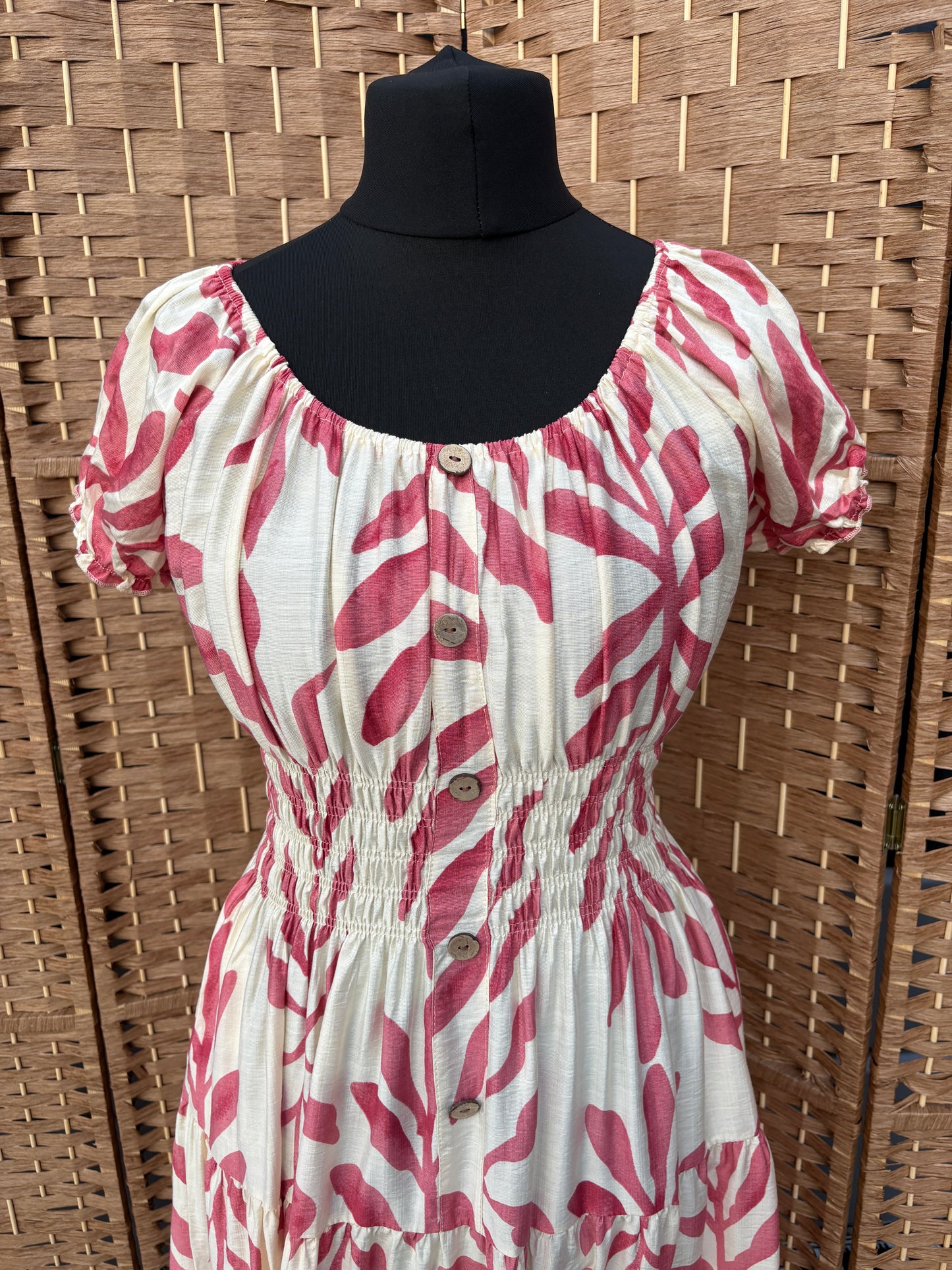 Ladies Summer Bardot Midi Dress – Abstract Print – Pink