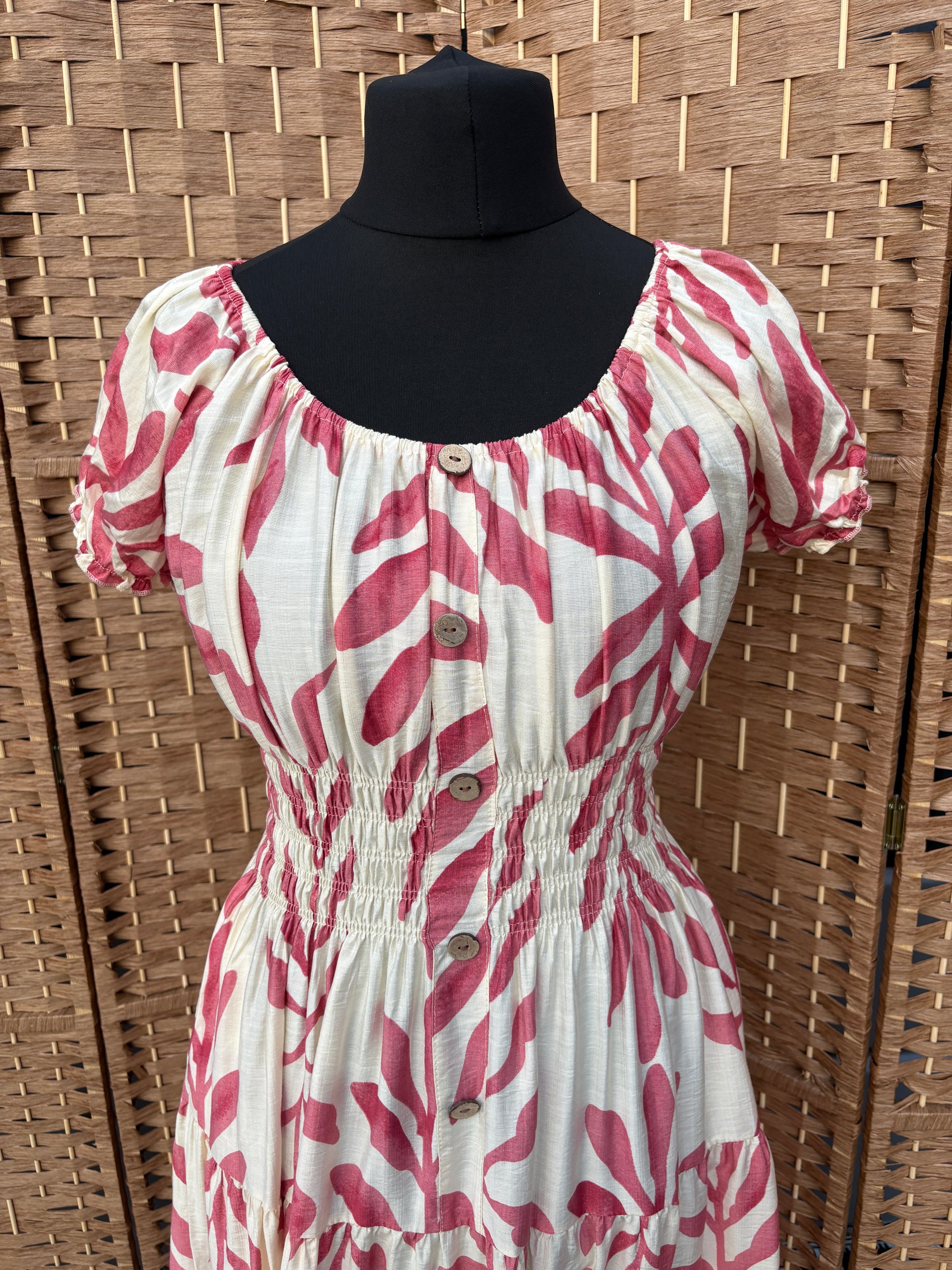 Ladies Summer Bardot Midi Dress – Abstract Print – Pink