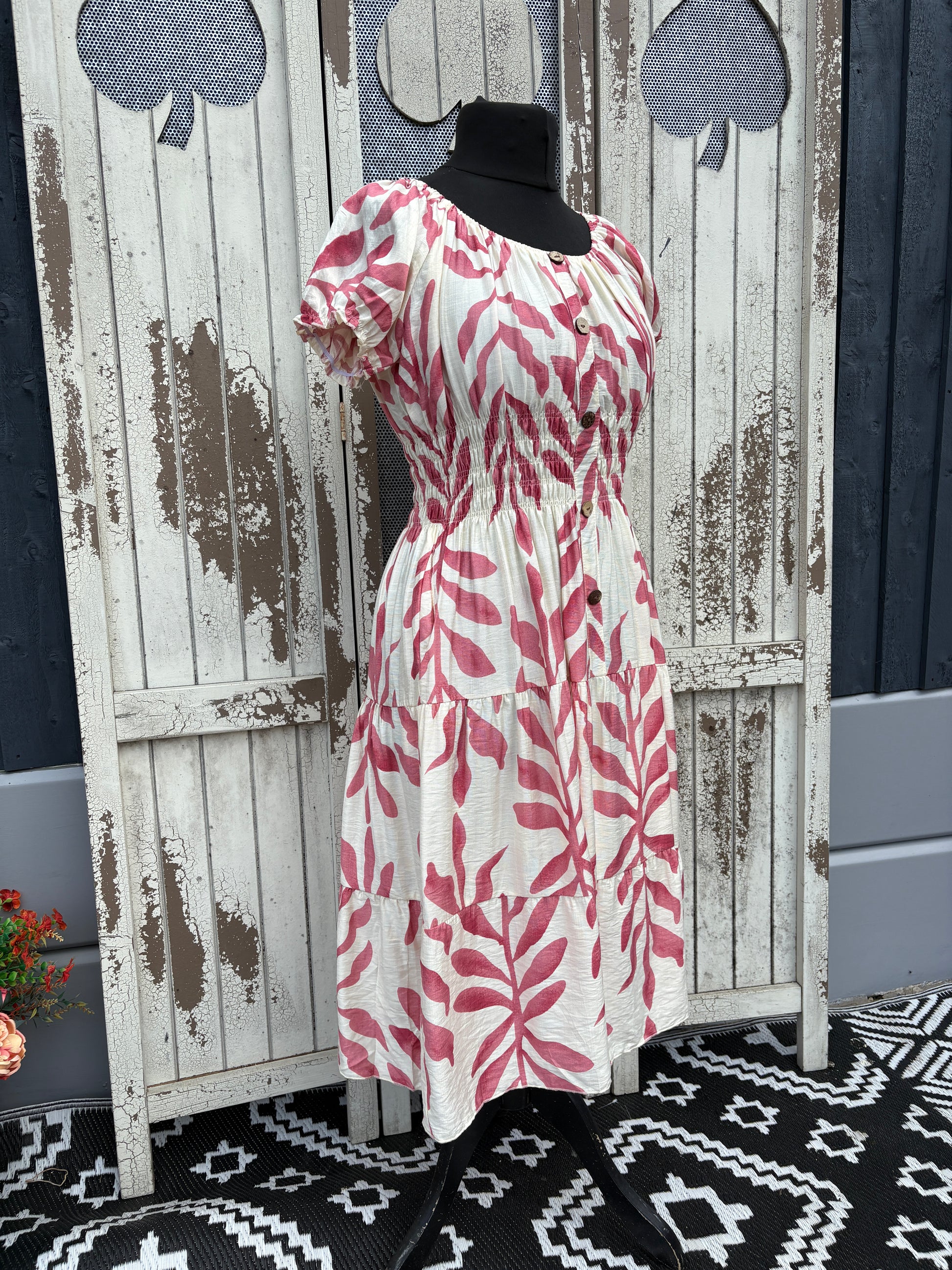 Ladies Summer Bardot Midi Dress – Abstract Print – Pink