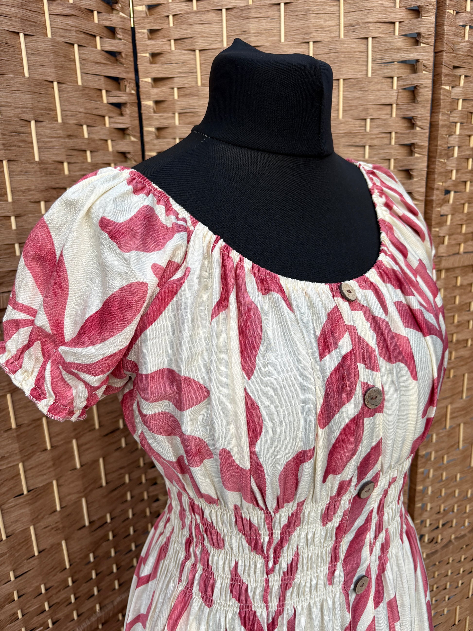 Ladies Summer Bardot Midi Dress – Abstract Print – Pink