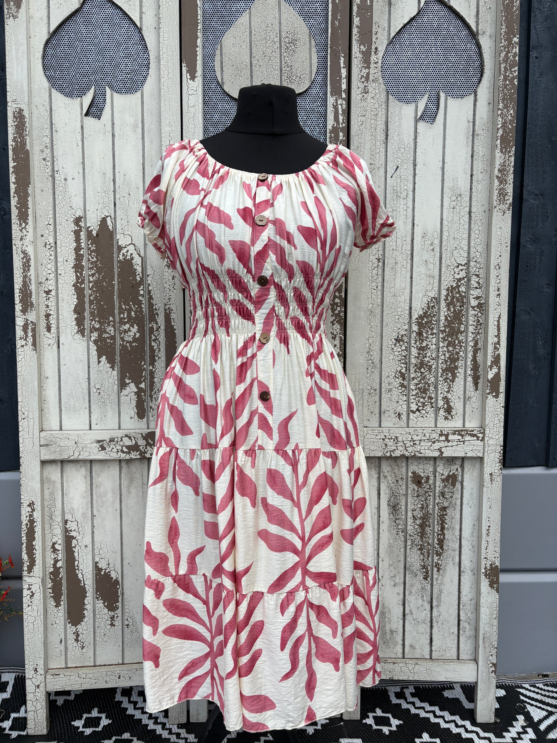 Ladies Summer Bardot Midi Dress – Abstract Print – Pink