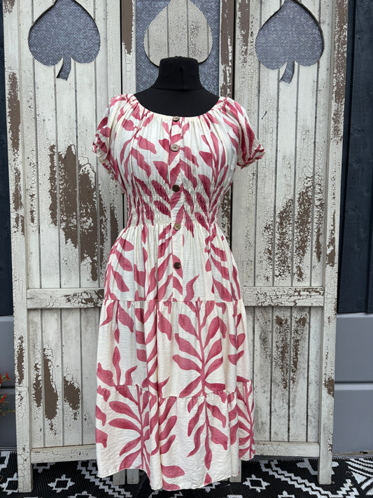Ladies Summer Bardot Midi Dress – Abstract Print – Pink