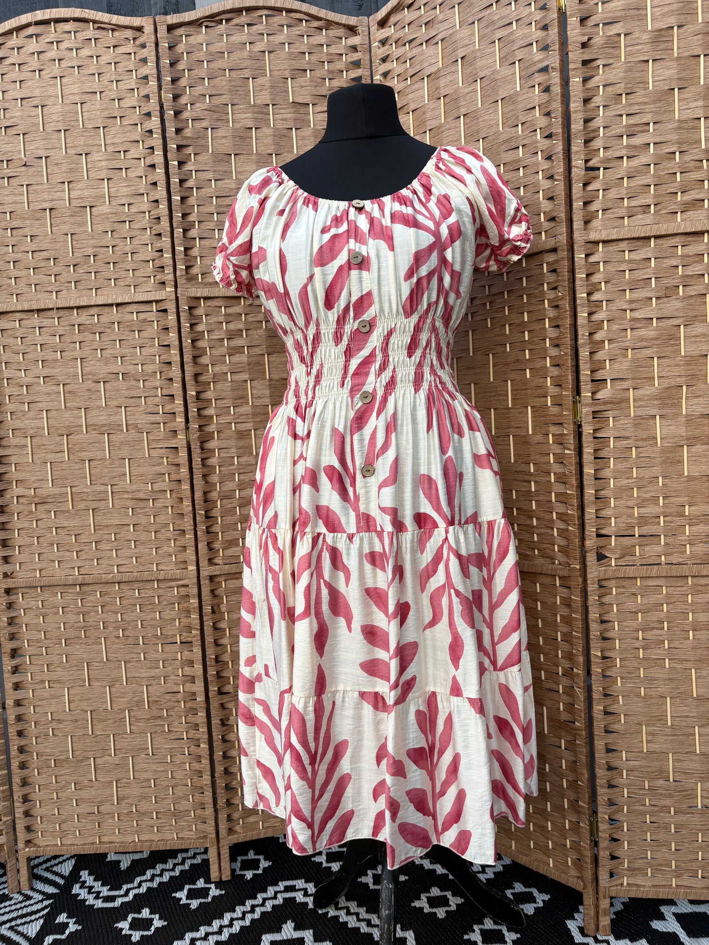 Ladies Summer Bardot Midi Dress – Abstract Print – Pink