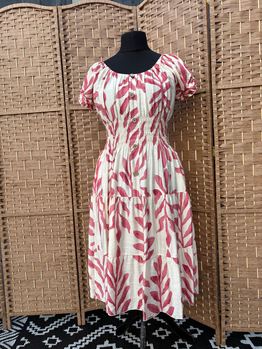 Ladies Summer Bardot Midi Dress – Abstract Print – Pink