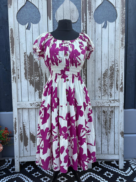 Ladies Summer Bardot Midi Dress – Bold Abstract Print – Magenta