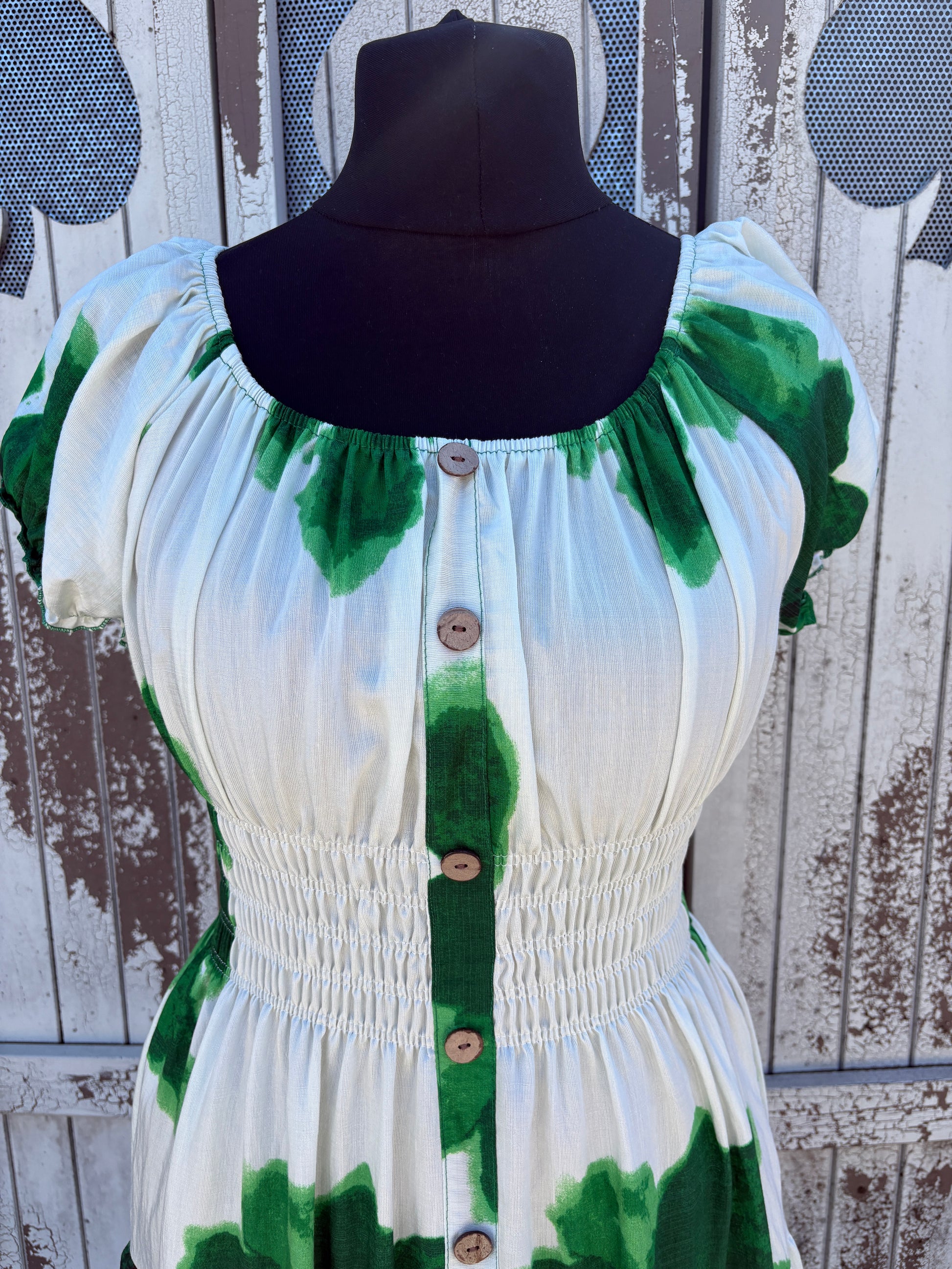 Ladies Summer Bardot Midi Dress – Large Flower Print Green – One Size (UK 10-20)