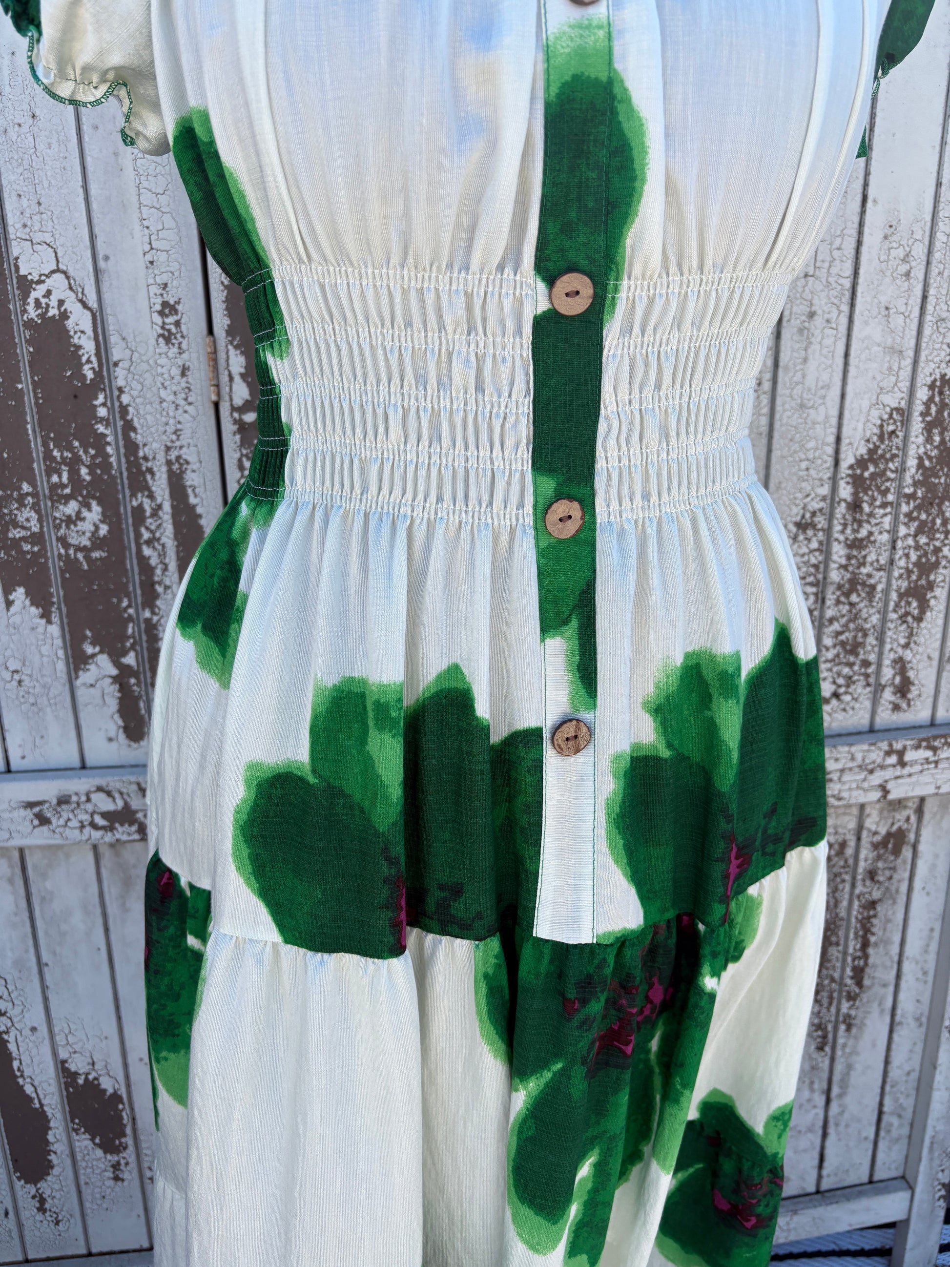 Ladies Summer Bardot Midi Dress – Large Flower Print Green – One Size (UK 10-20)
