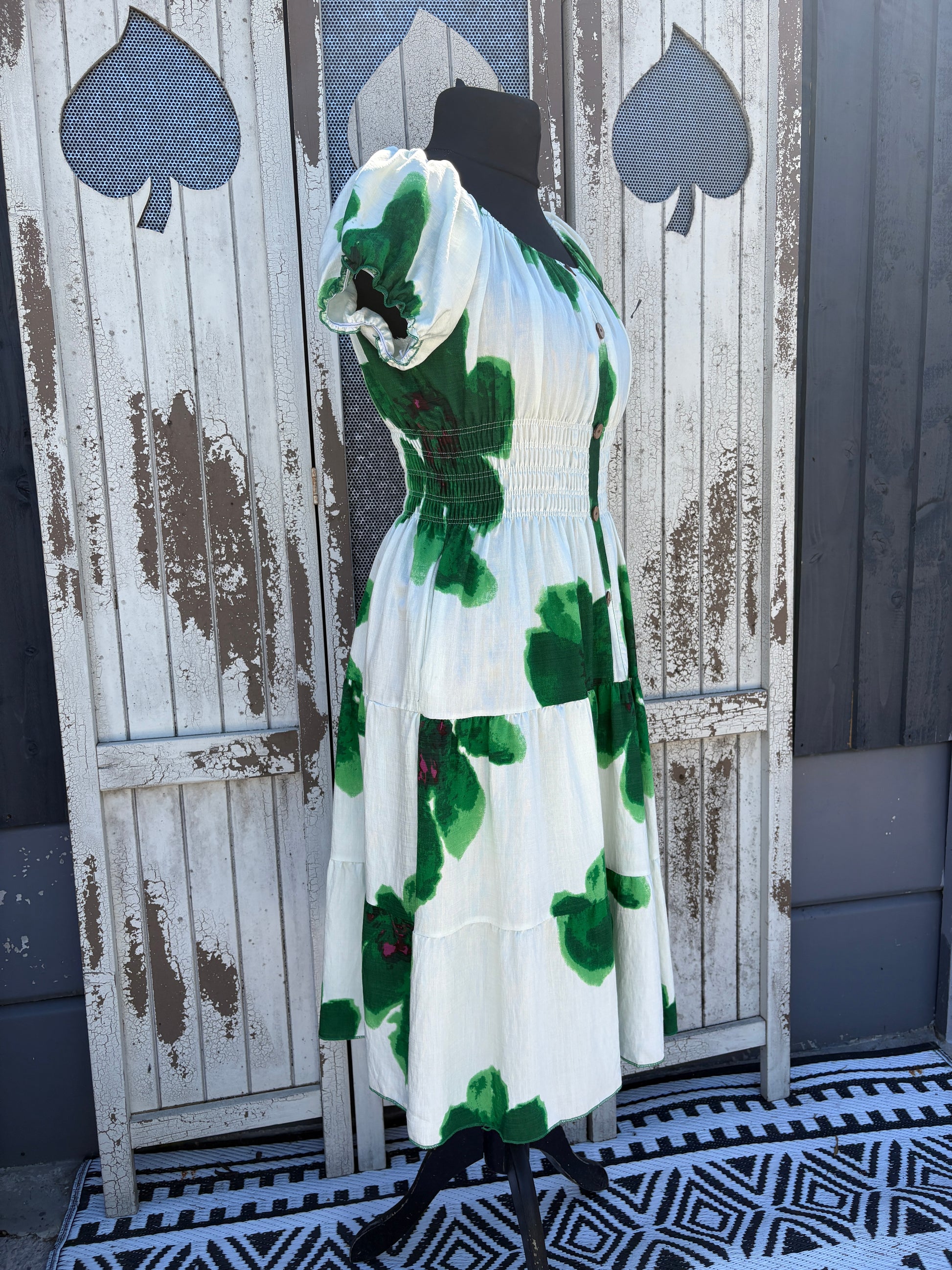 Ladies Summer Bardot Midi Dress – Large Flower Print Green – One Size (UK 10-20)