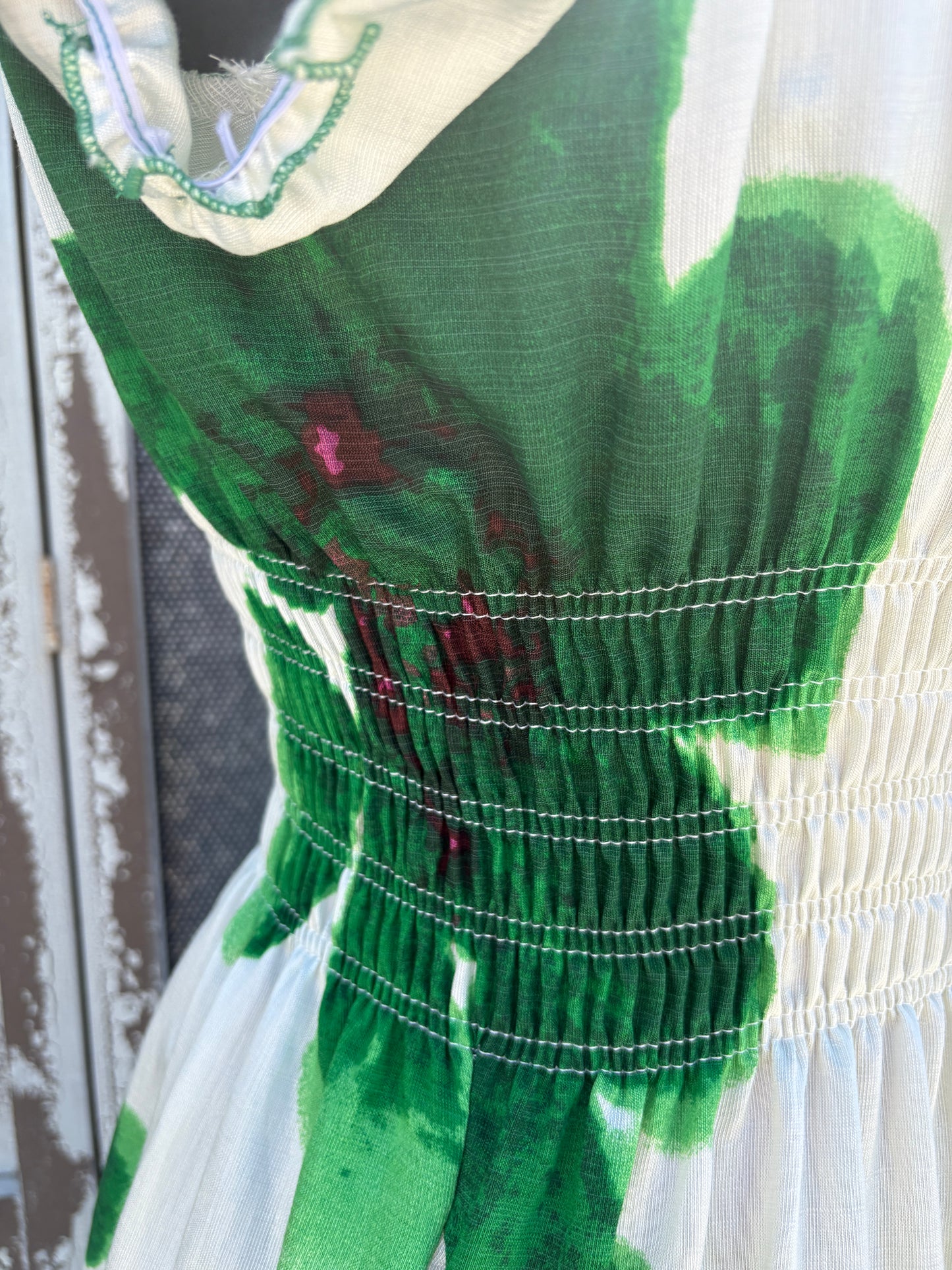 Ladies Summer Bardot Midi Dress – Large Flower Print Green – One Size (UK 10-20)